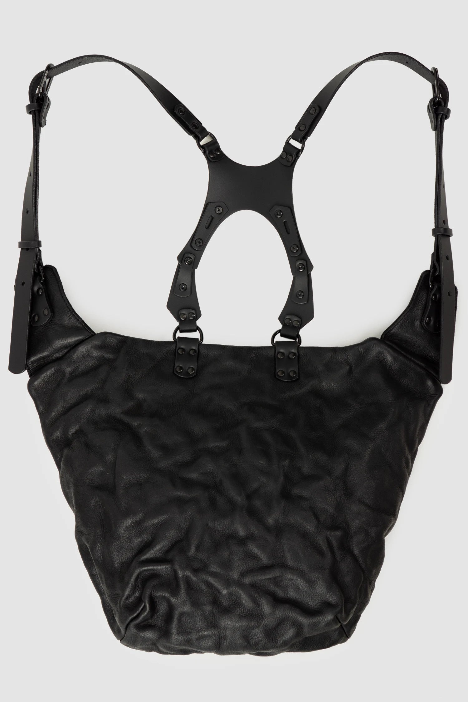 TEO NG - UKA - item front view of men’s Black Leather Harness Backpack with Dual Zipper Pockets