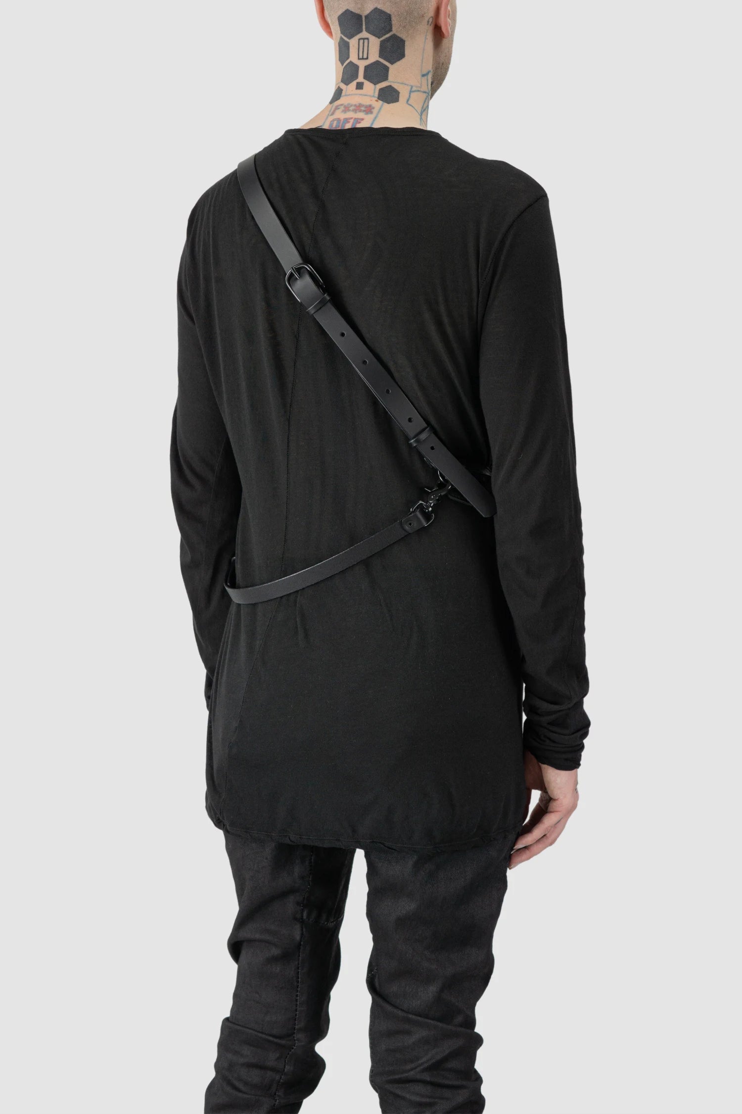 TEO NG - MAEL - model back view of men’s Black Medium Leather Harness Crossbody Bag