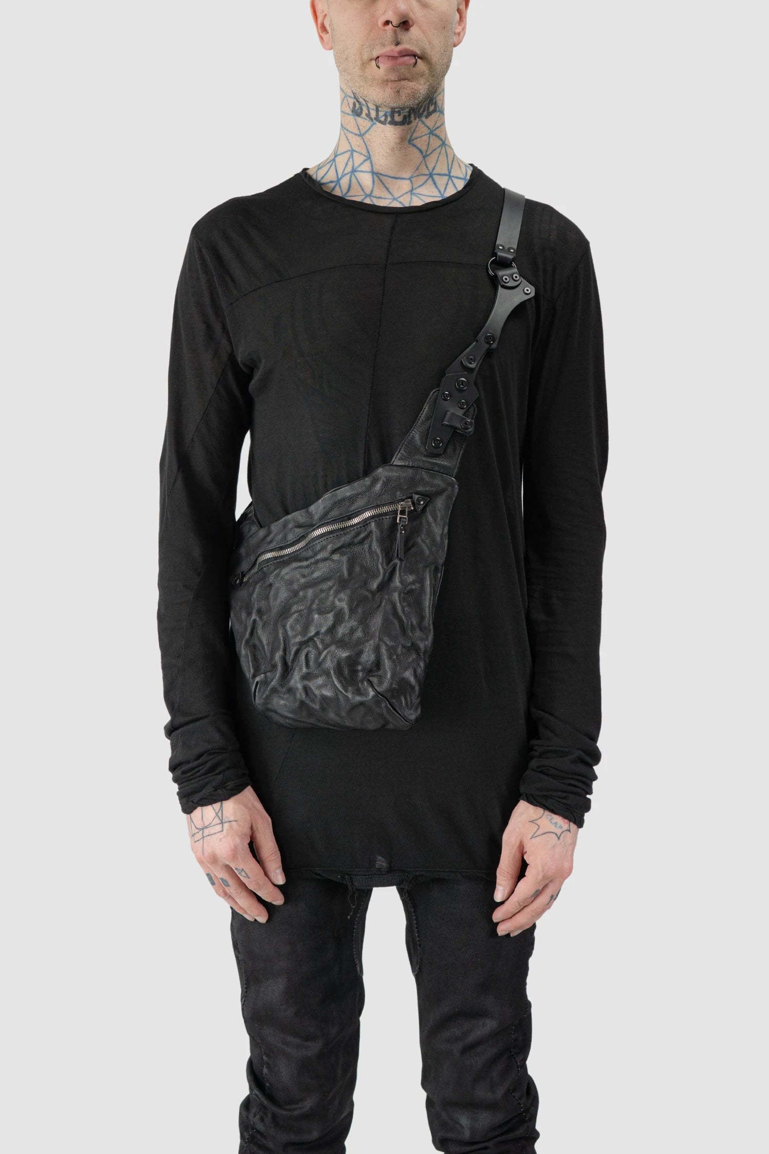 TEO NG - MAEL - model front single view of men’s Black Medium Leather Harness Crossbody Bag