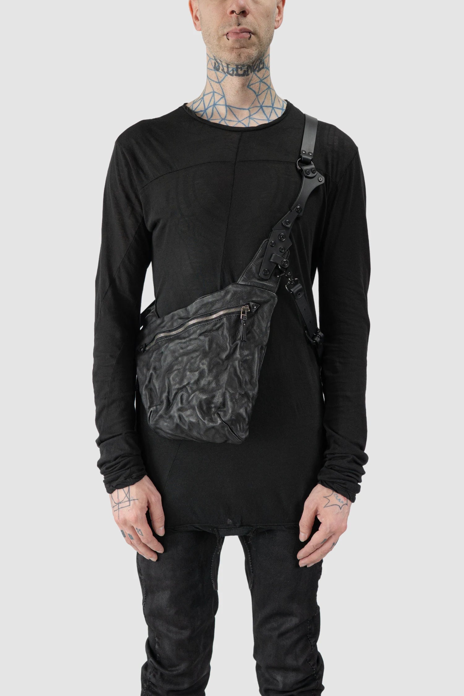TEO NG - MAEL - model front view of men’s Black Medium Leather Harness Crossbody Bag