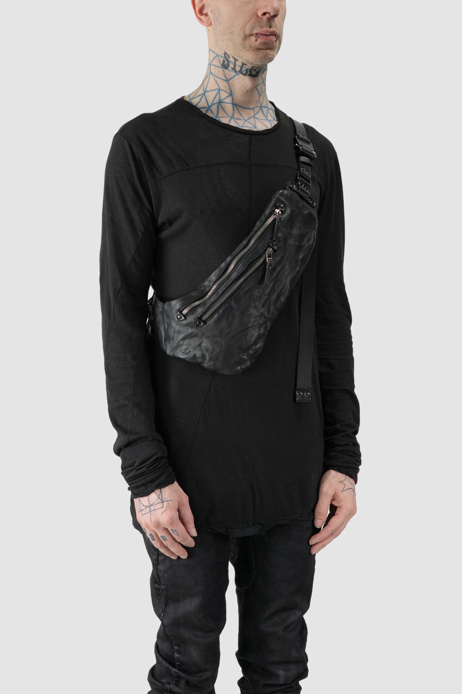 TEO NG - MONN - model front side view of men’s Black Two Zip Crossbody Leather Bag