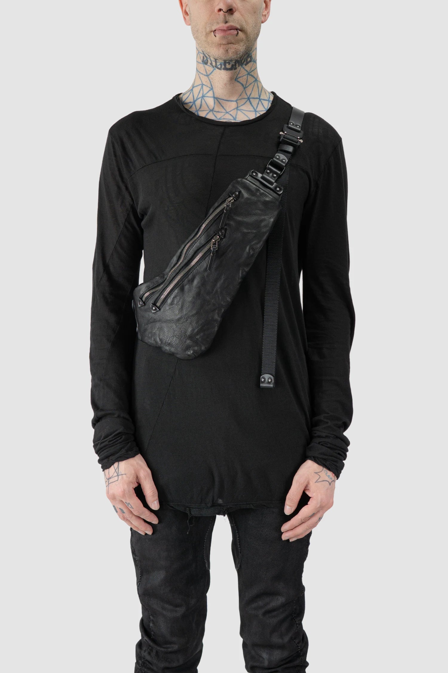 TEO NG - MONN - model front view of men’s Black Two Zip Crossbody Leather Bag