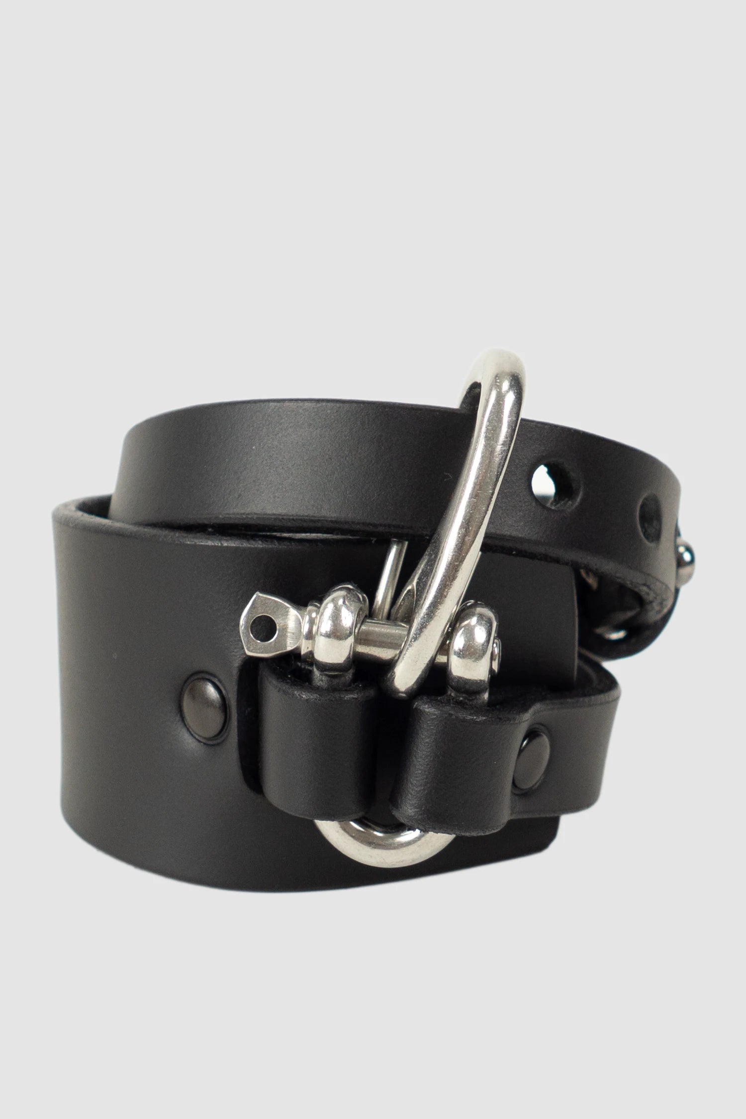 TEO NG - LINO - item front view of men’s Black Wrapping Leather Cuff with Steel Clamp