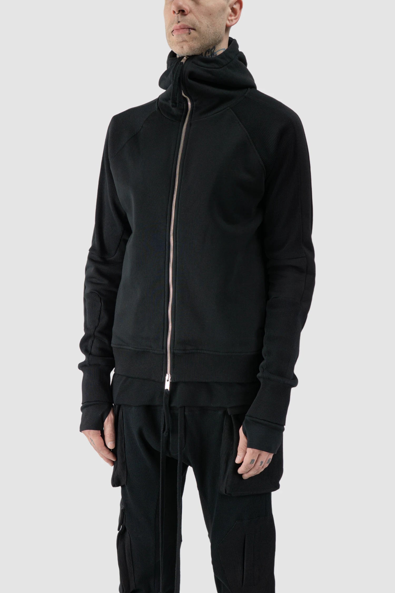 Thom Krom - model front side view of black Balaclava Zip-Up Cotton Hoodie - M-SJ-691