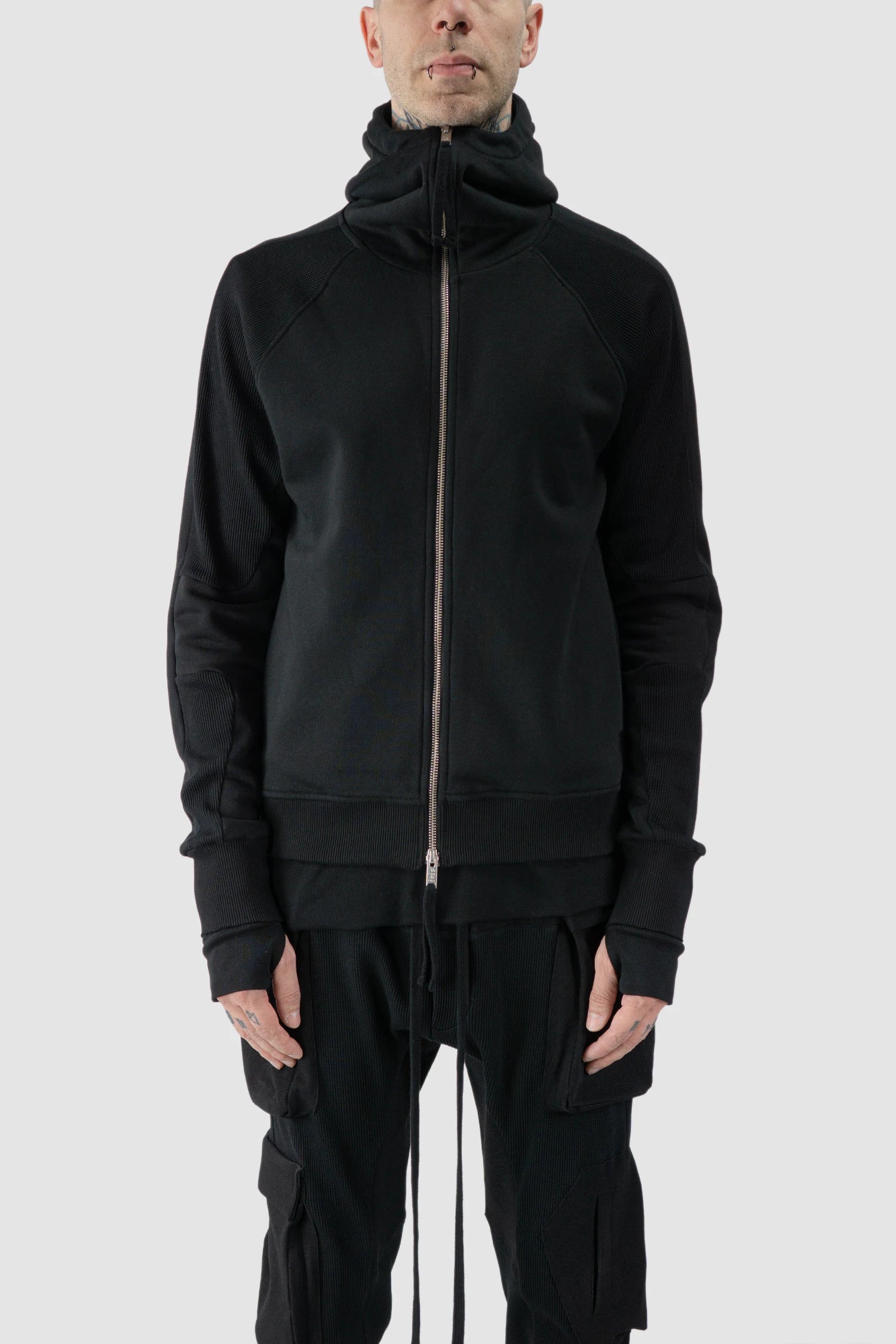 Thom Krom - model front view of black Balaclava Zip-Up Cotton Hoodie - M-SJ-691
