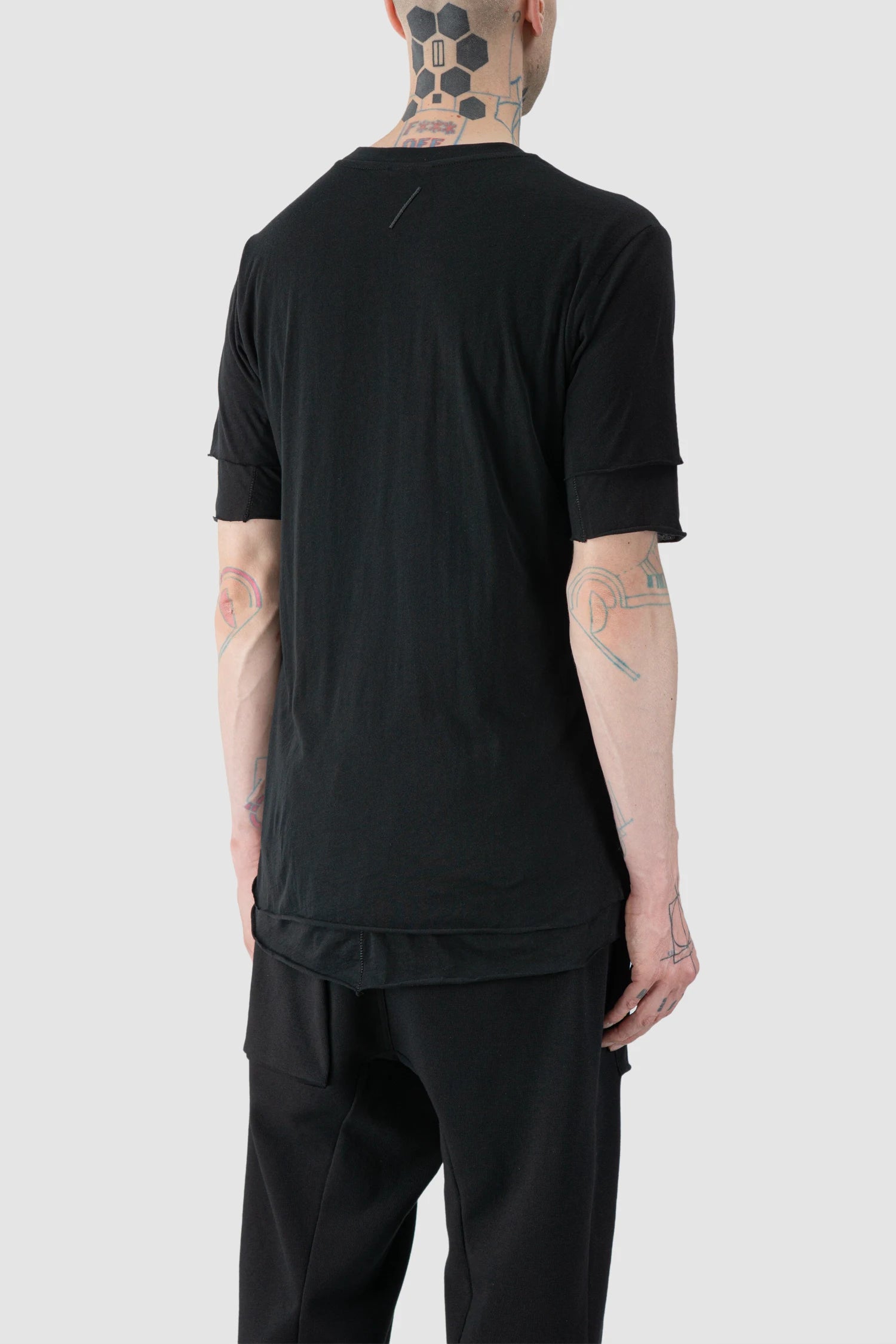 Thom Krom - model back side view of Black 2-in-1 Layered Slim Fit Cotton T-Shirt