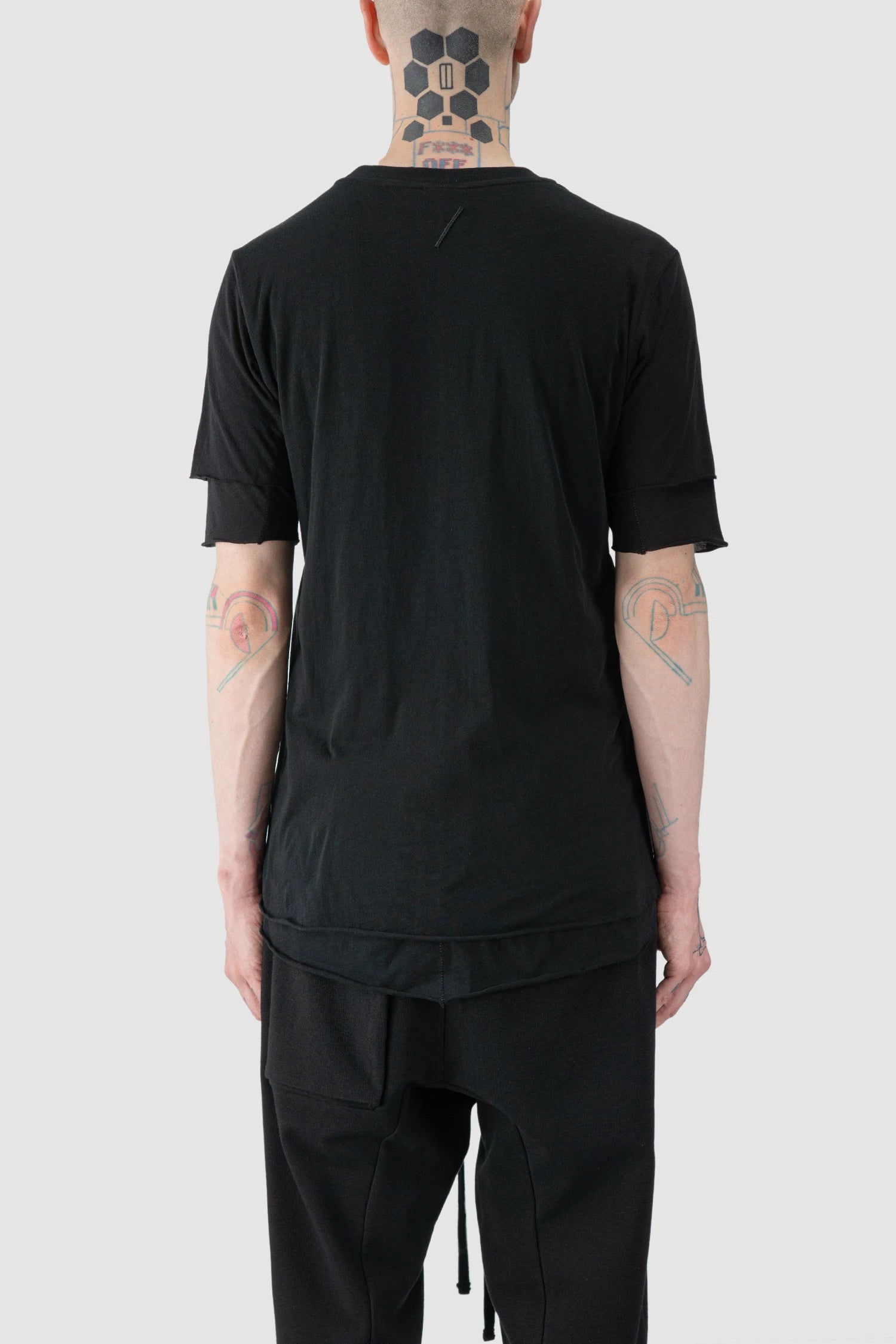 Thom Krom - model back view of Black 2-in-1 Layered Slim Fit Cotton T-Shirt