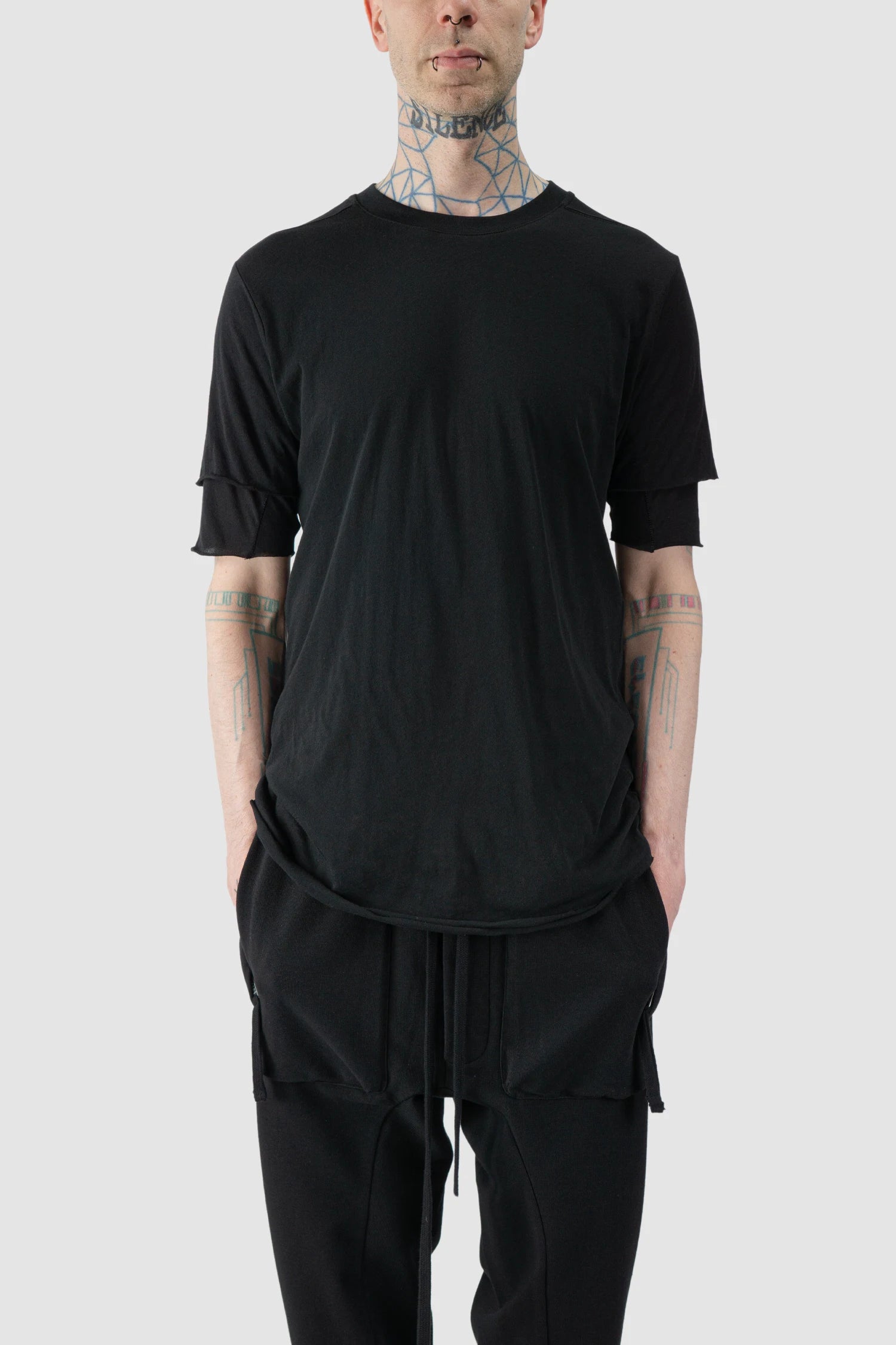 Thom Krom - model front relaxed view of Black 2-in-1 Layered Slim Fit Cotton T-Shirt