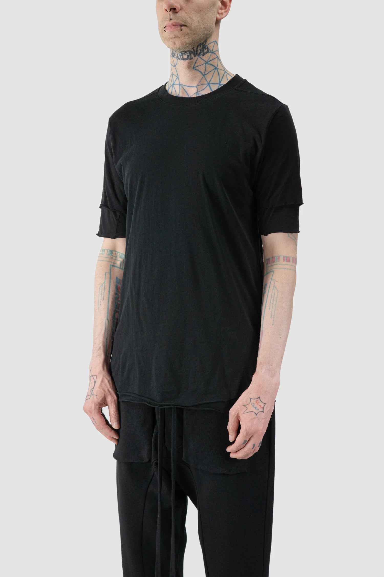 Thom Krom - model front side view of Black 2-in-1 Layered Slim Fit Cotton T-Shirt