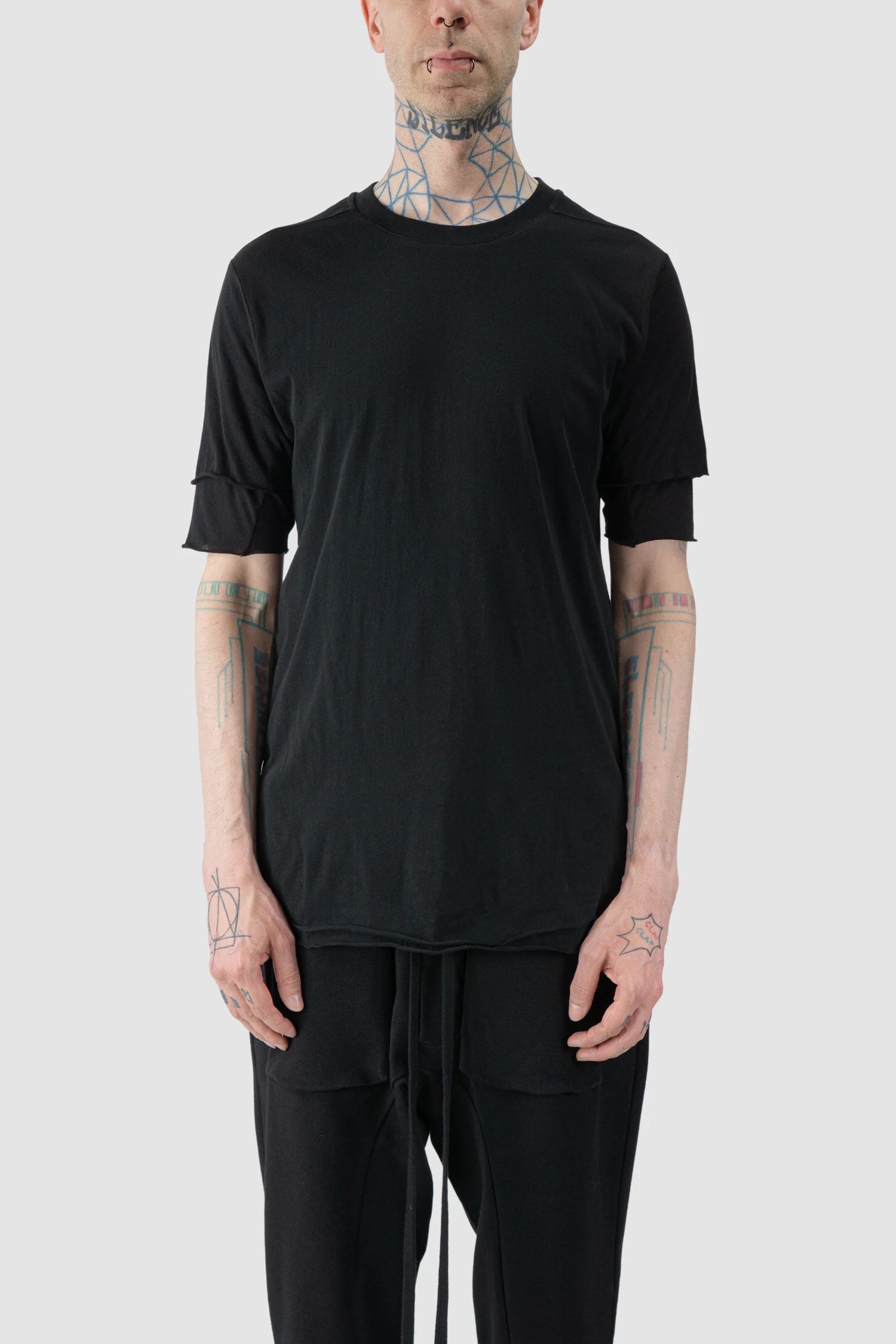 Thom Krom - model front view of Black 2-in-1 Layered Slim Fit Cotton T-Shirt