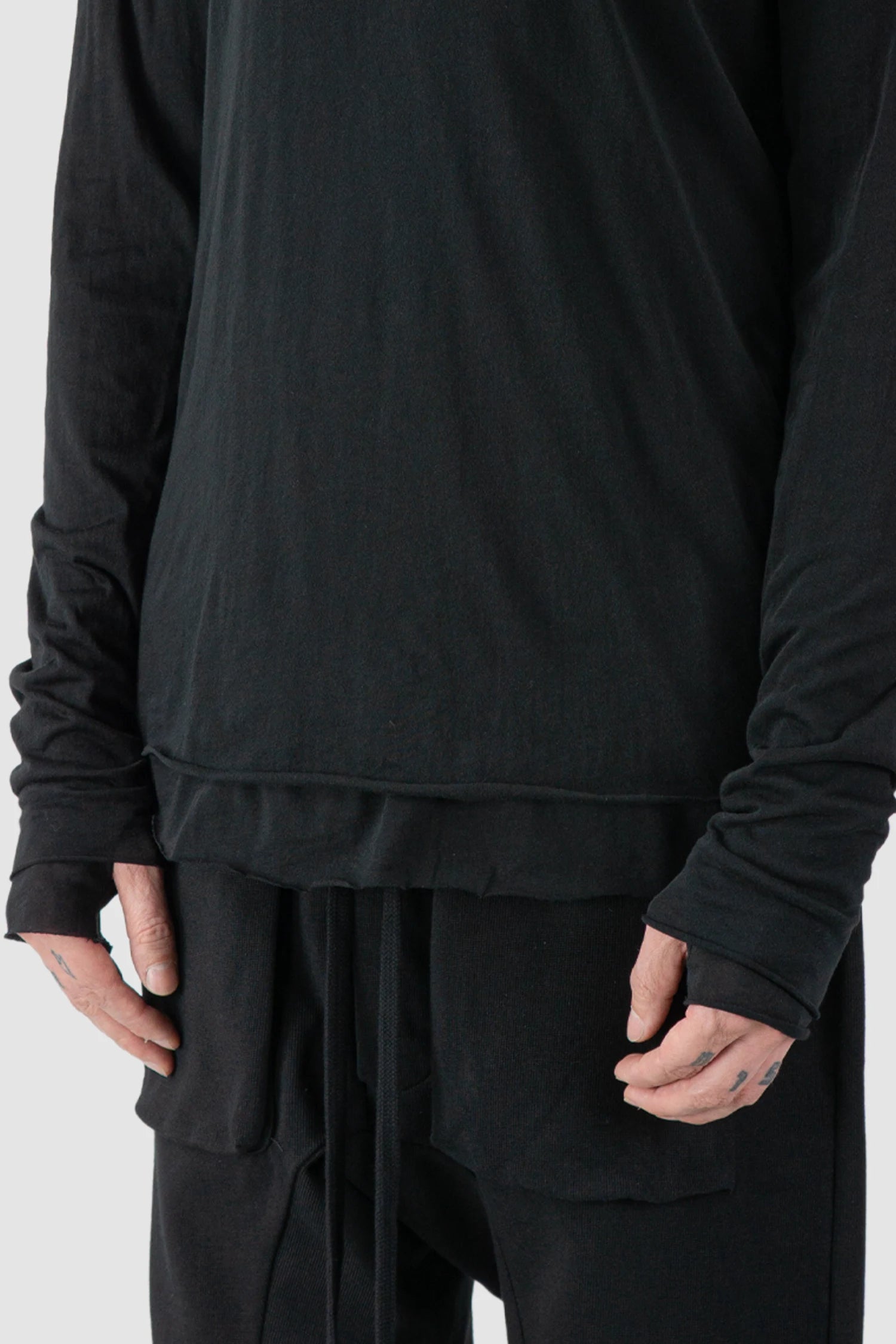 Thom Krom - model front detail view of Black 2-in-1 Long Sleeve Cotton T-Shirt