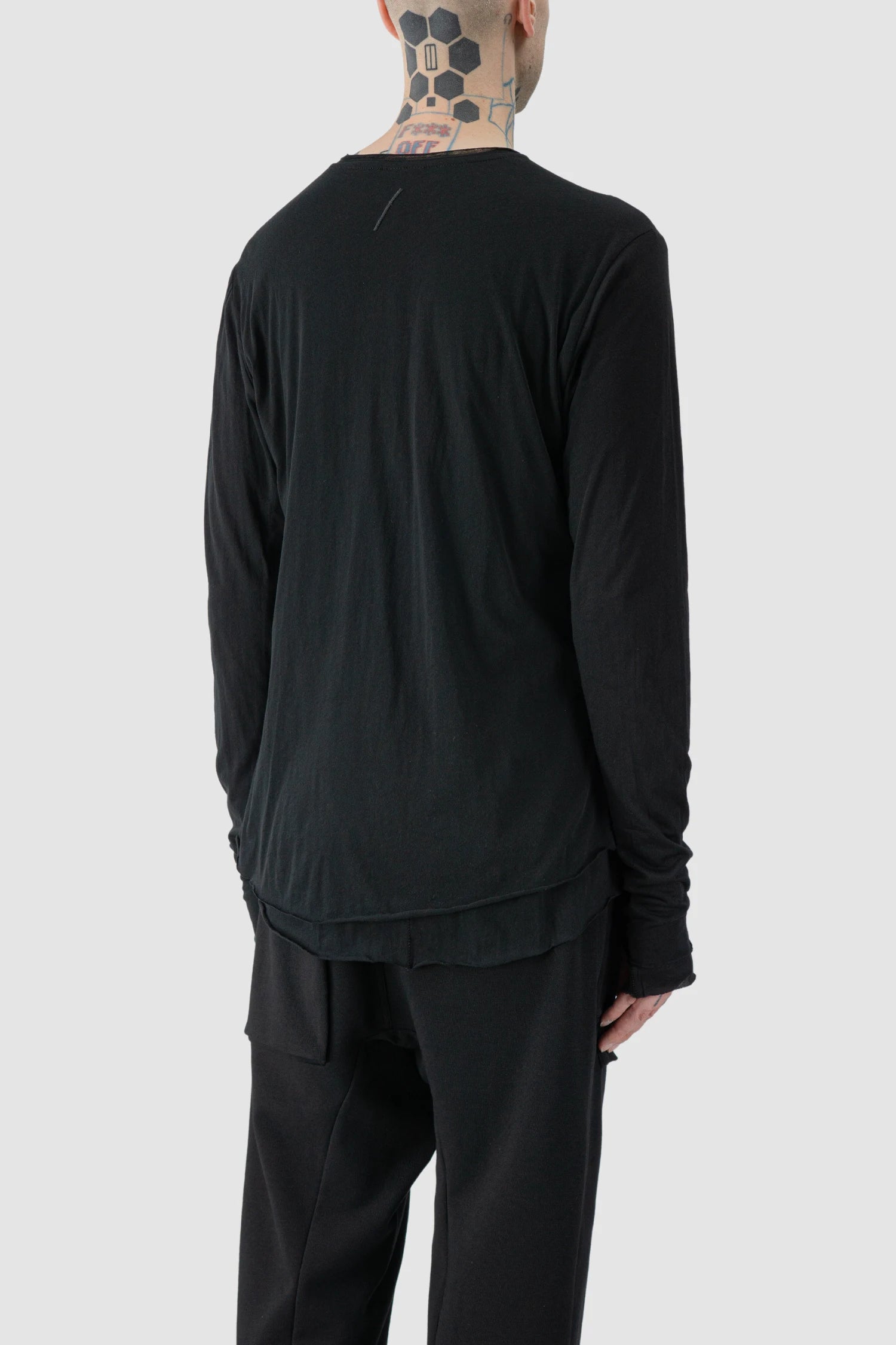 Thom Krom - model back side view of Black 2-in-1 Long Sleeve Cotton T-Shirt