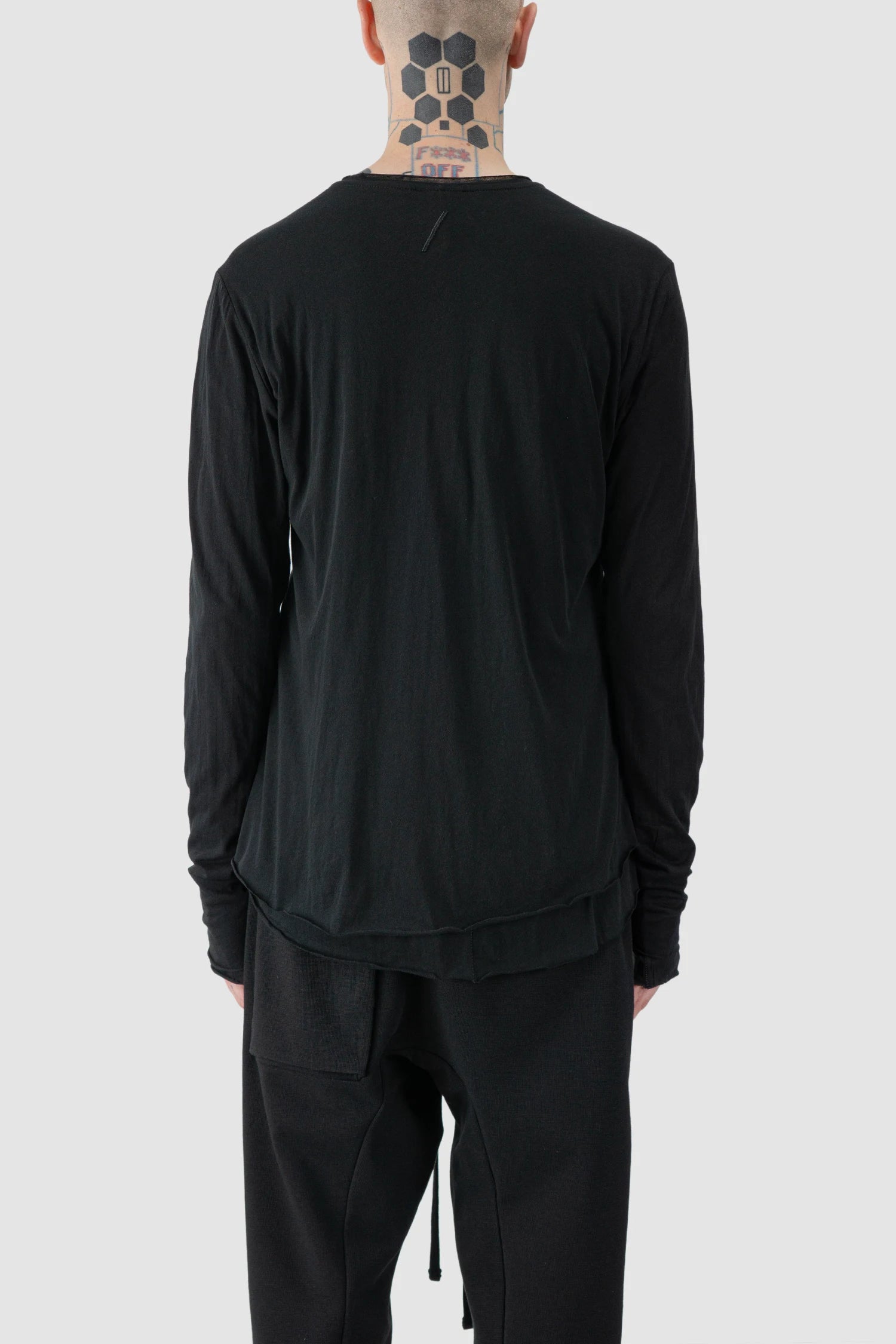 Thom Krom - model back view of Black 2-in-1 Long Sleeve Cotton T-Shirt