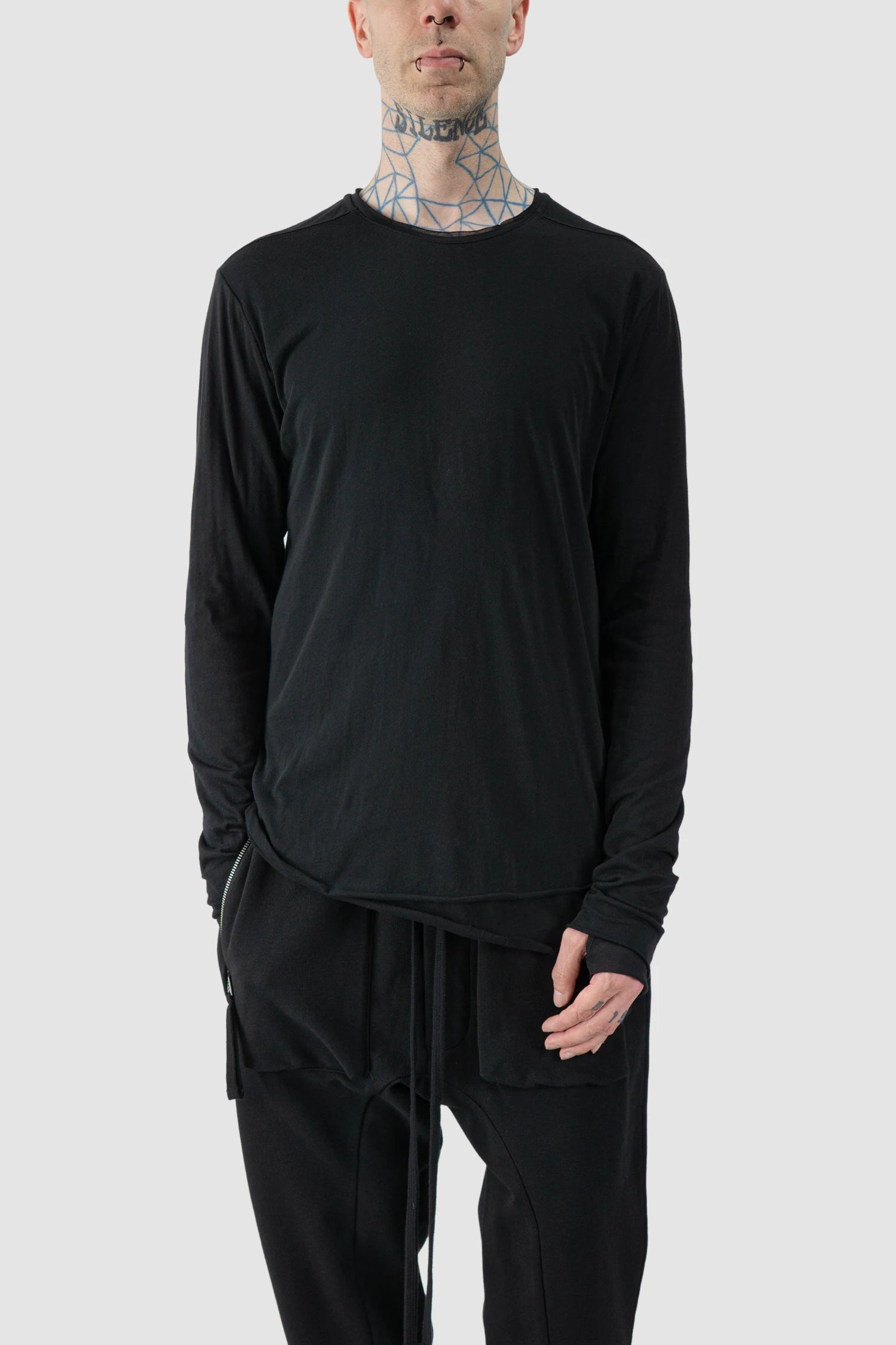 Thom Krom - model front relaxed view of Black 2-in-1 Long Sleeve Cotton T-Shirt