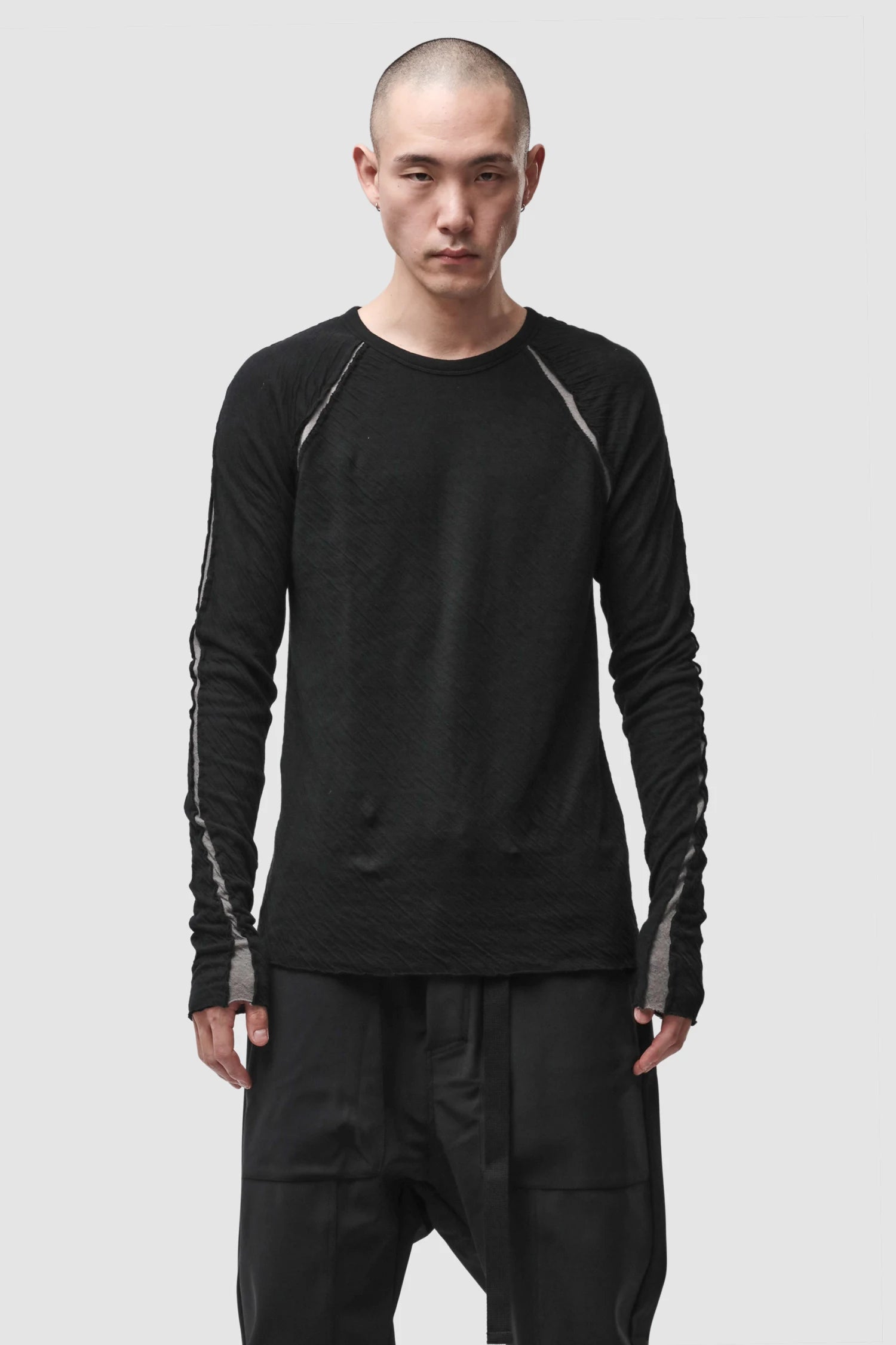 Thom Krom - Men’s Black Bonded Cotton Contrast Insert Long Sleeve M-TS-982 model front view Thom Krom - Men’s Black Bonded Cotton Contrast Insert Long Sleeve M-TS-982 model front view