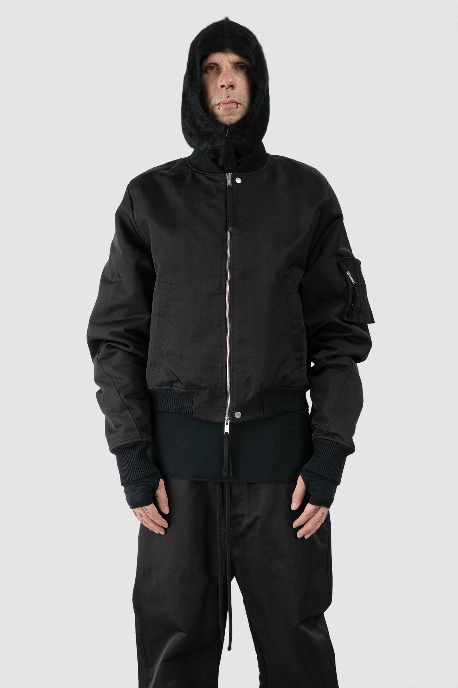 Thom Krom – Men's Black Cashmere Balaclava Zip Hood - model full body front view Thom Krom – Men's Black Cashmere Balaclava Zip Hood - model full body front view