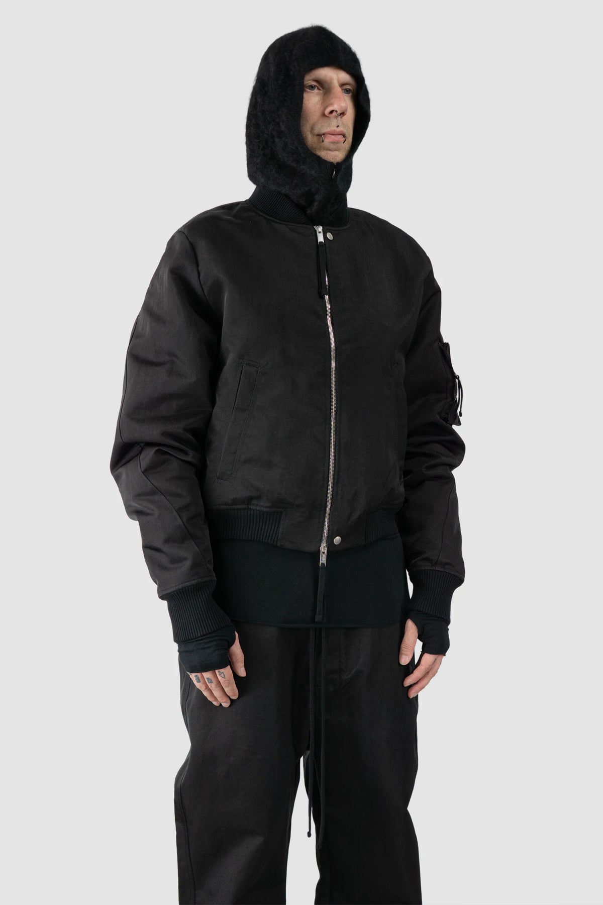 Thom Krom – Men's Black Cashmere Balaclava Zip Hood - model full body left view Thom Krom – Men's Black Cashmere Balaclava Zip Hood - model full body left view