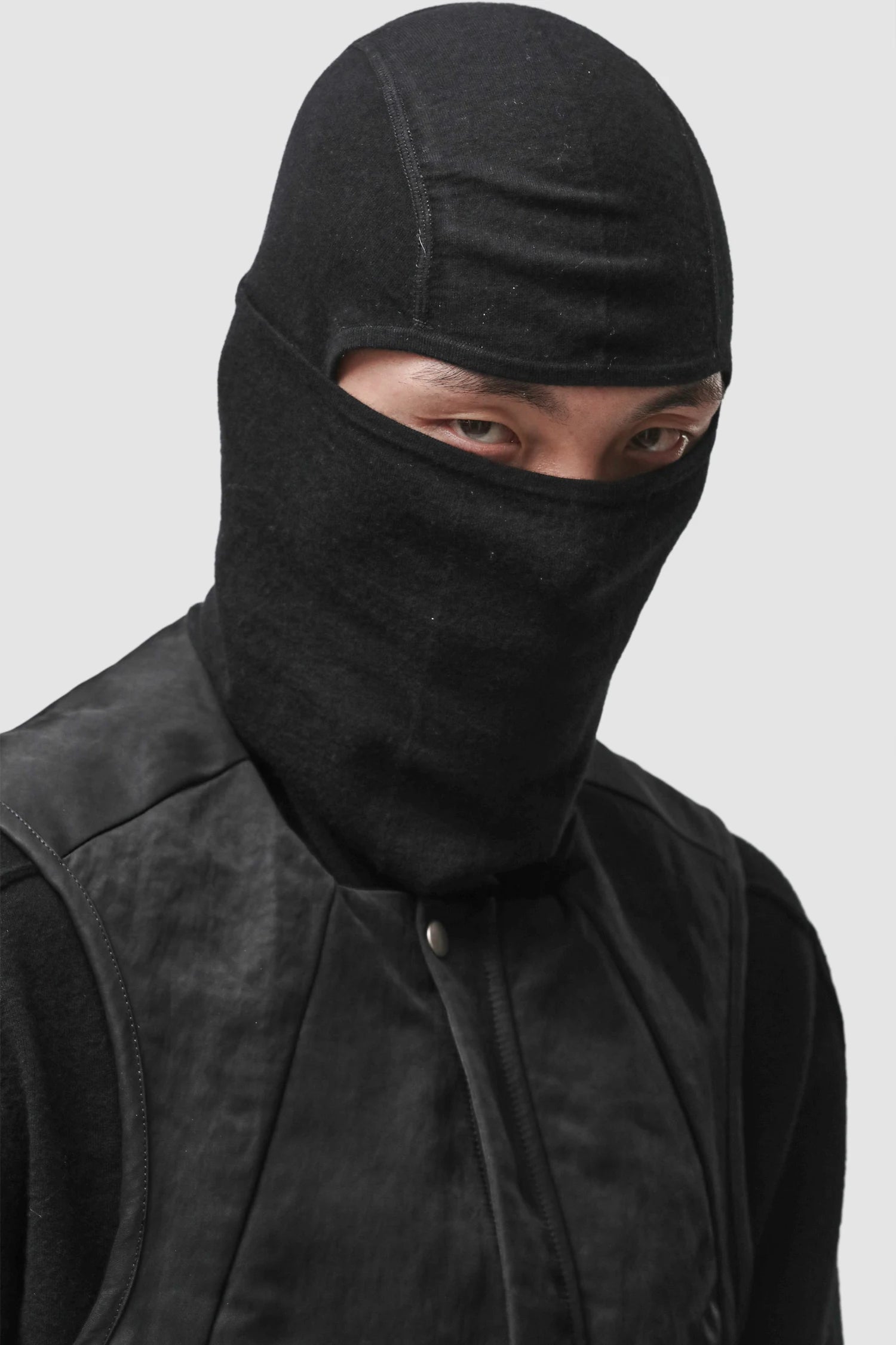 Thom Krom - Men’s Black Cashmere Blend Performance Knit Balaclava Hoodie CAP-M-67 model front view Thom Krom - Men’s Black Cashmere Blend Performance Knit Balaclava Hoodie CAP-M-67 model front view