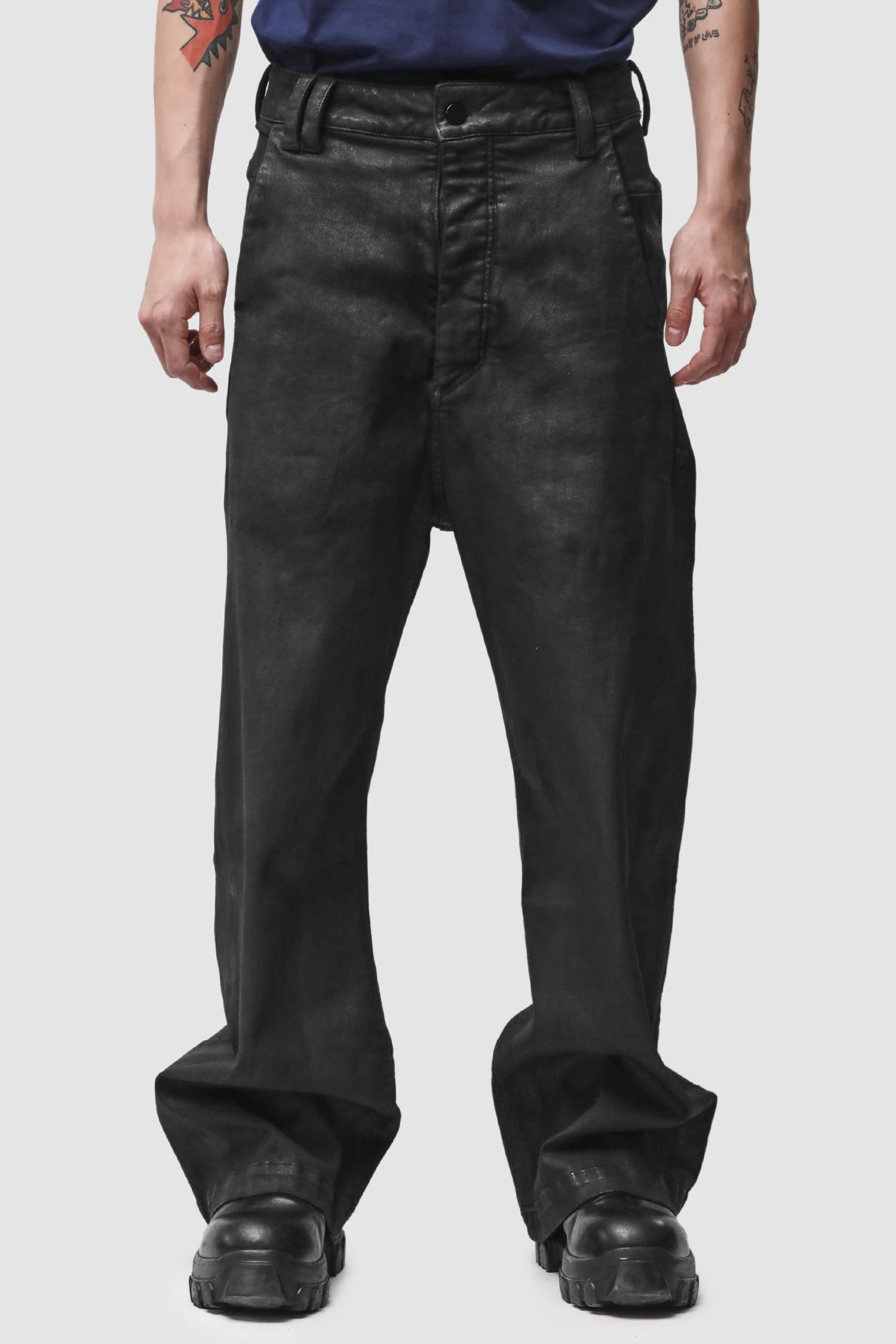 Thom Krom - Men’s Black Coated Wide Leg Denim Jeans M-T-108 model front view Thom Krom - Men’s Black Coated Wide Leg Denim Jeans M-T-108 model front view
