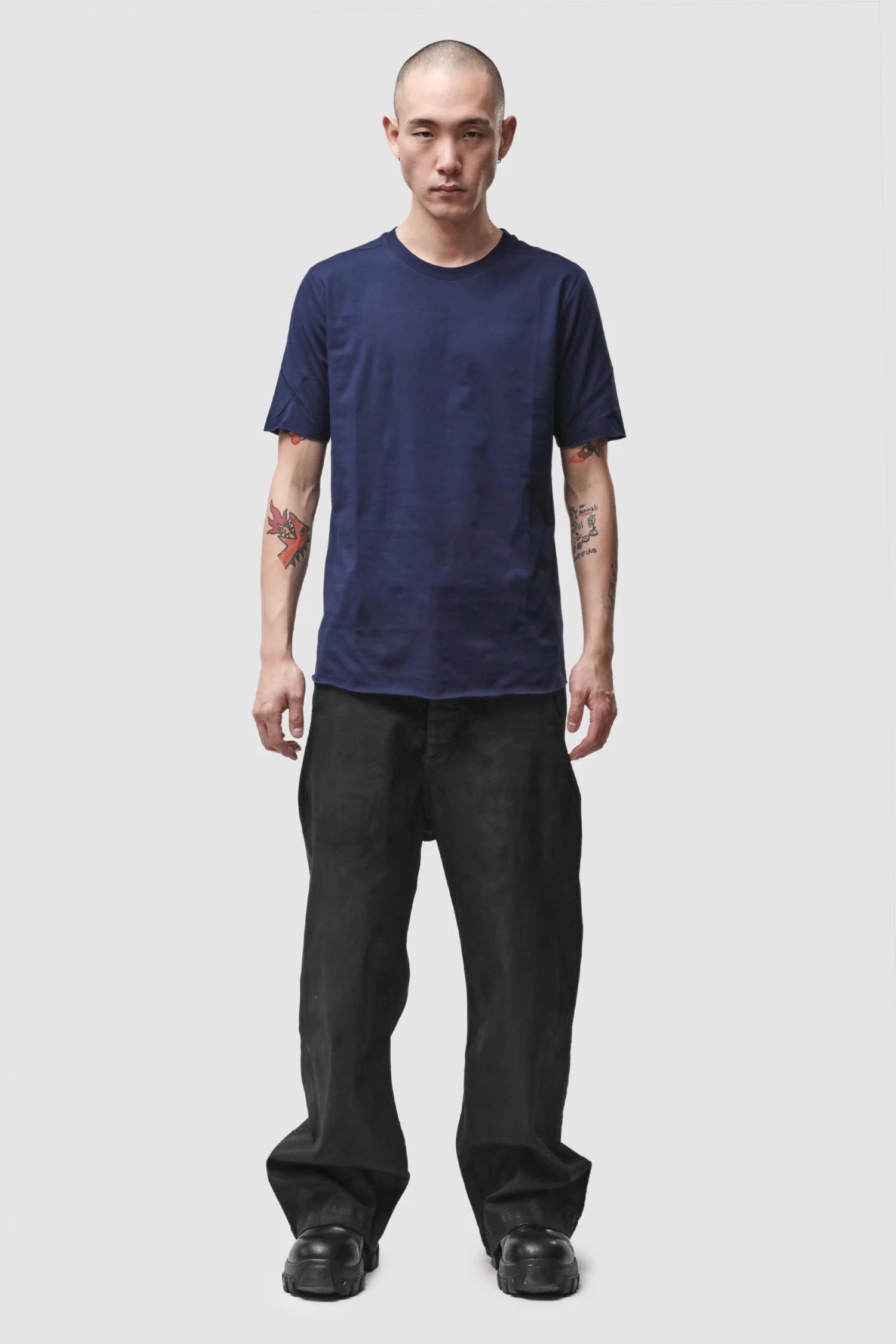 Thom Krom - Men’s Black Coated Wide Leg Denim Jeans M-T-108 model full front view Thom Krom - Men’s Black Coated Wide Leg Denim Jeans M-T-108 model full front view