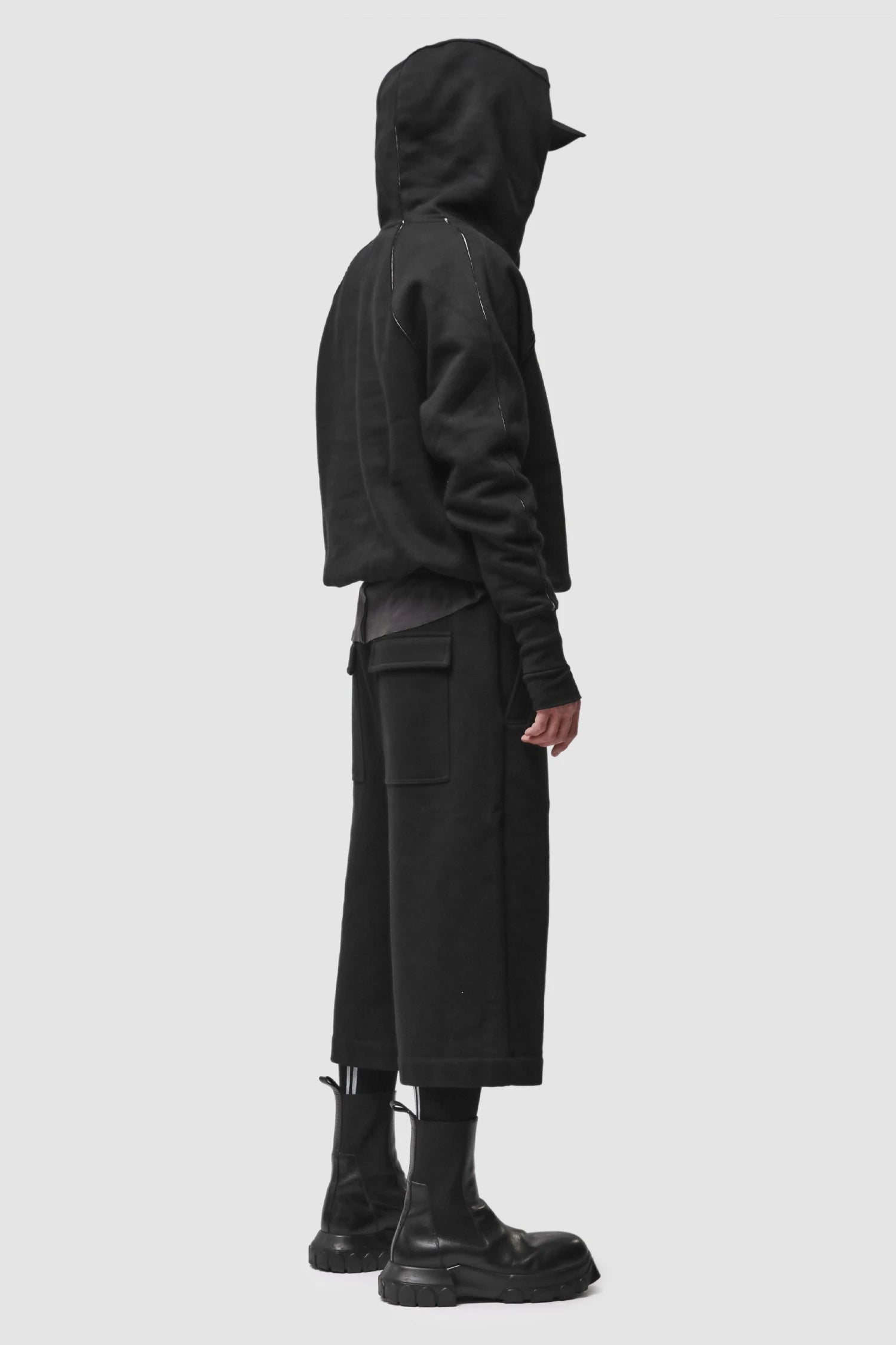 Thom Krom - Men’s Black Contrast Line Cotton Hoodie M-S-193 model full side view Thom Krom - Men’s Black Contrast Line Cotton Hoodie M-S-193 model full side view