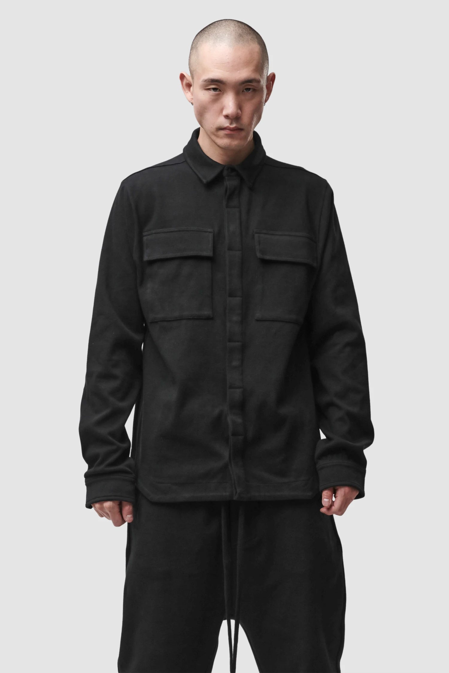 Thom Krom - Men’s Black Cotton Jersey Overshirt M-H-183 model front view Thom Krom - Men’s Black Cotton Jersey Overshirt M-H-183 model front view