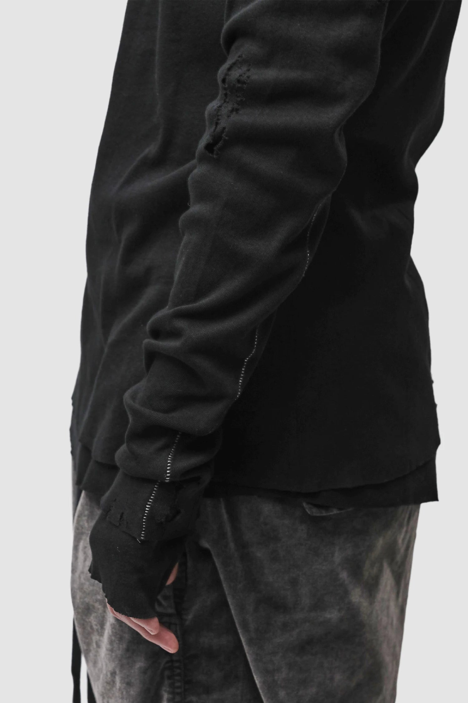 Thom Krom - Men’s Black Destroyed Double Layer Long Sleeve M-TS-969 arm detail view Thom Krom - Men’s Black Destroyed Double Layer Long Sleeve M-TS-969 arm detail view