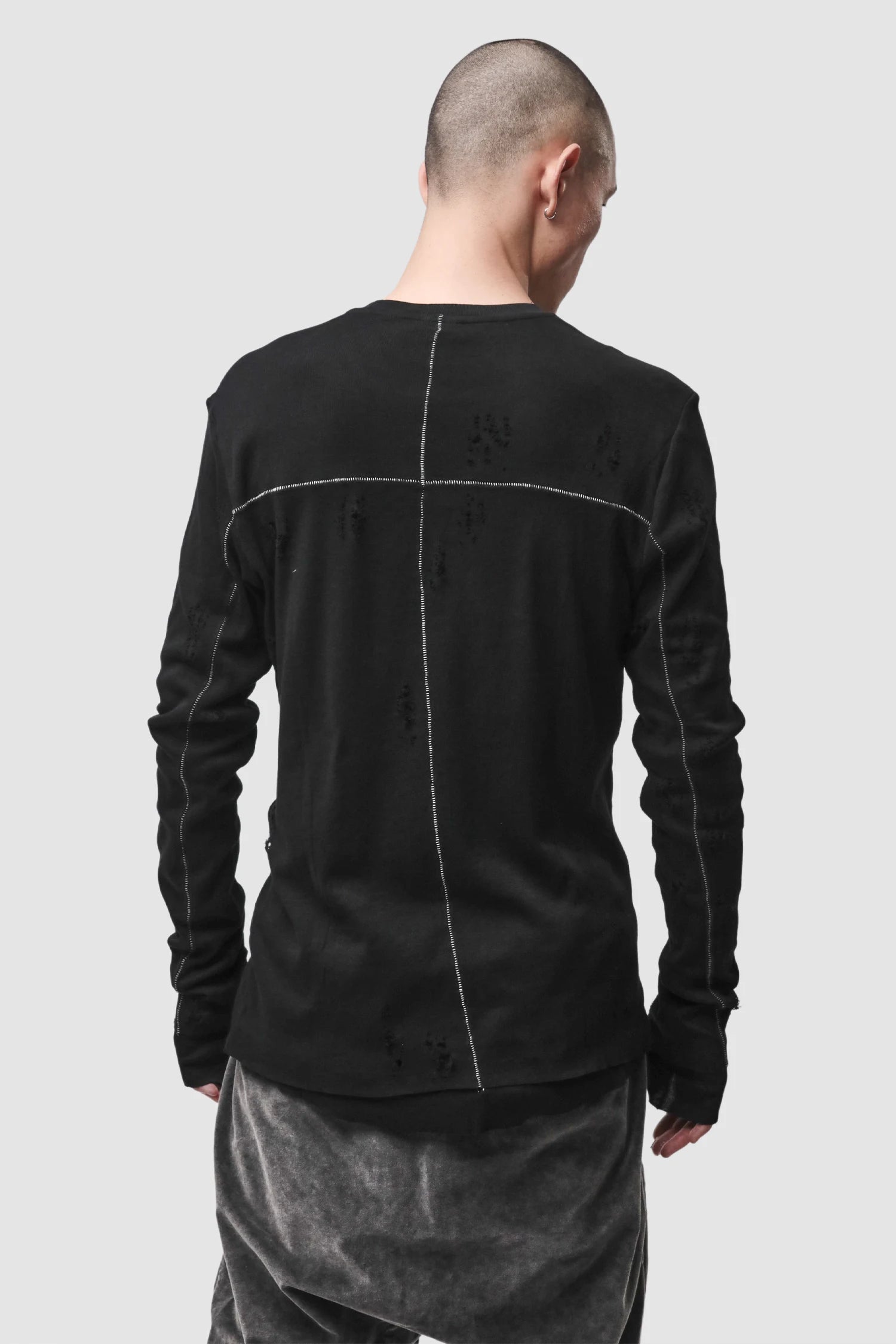 Thom Krom - Men’s Black Destroyed Double Layer Long Sleeve M-TS-969 model back view Thom Krom - Men’s Black Destroyed Double Layer Long Sleeve M-TS-969 model back view