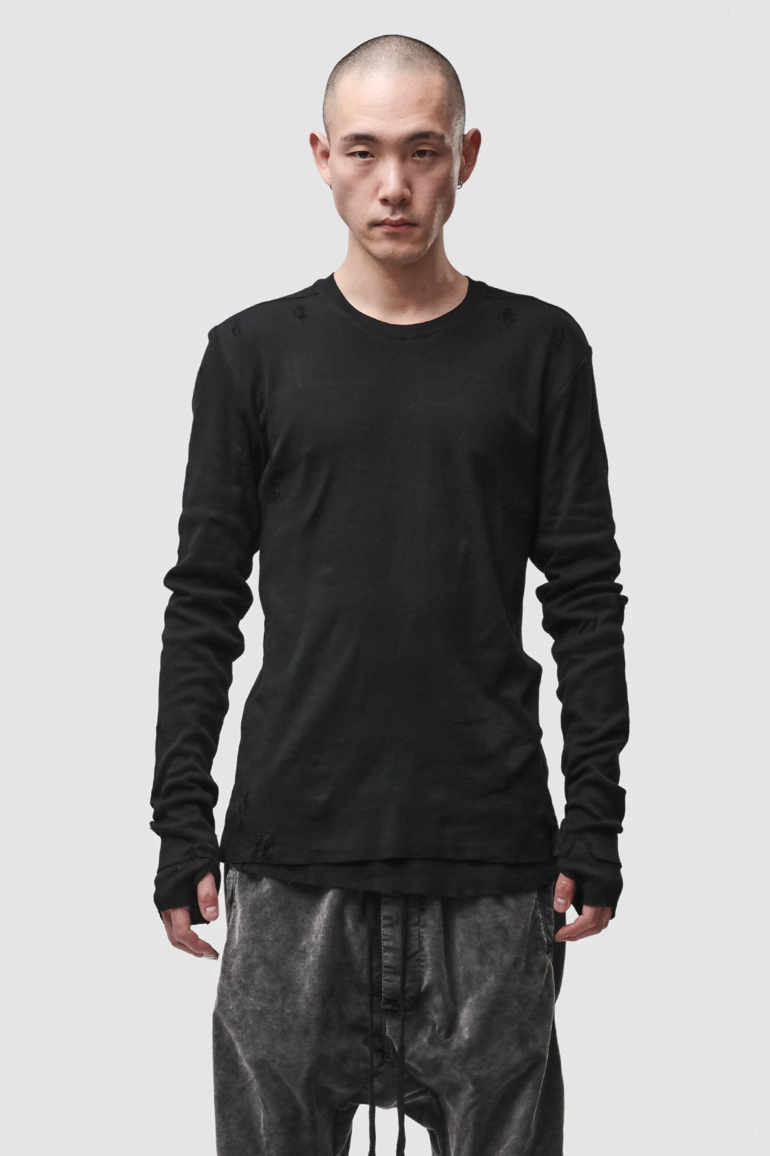 Thom Krom - Men’s Black Destroyed Double Layer Long Sleeve M-TS-969 model front view Thom Krom - Men’s Black Destroyed Double Layer Long Sleeve M-TS-969 model front view