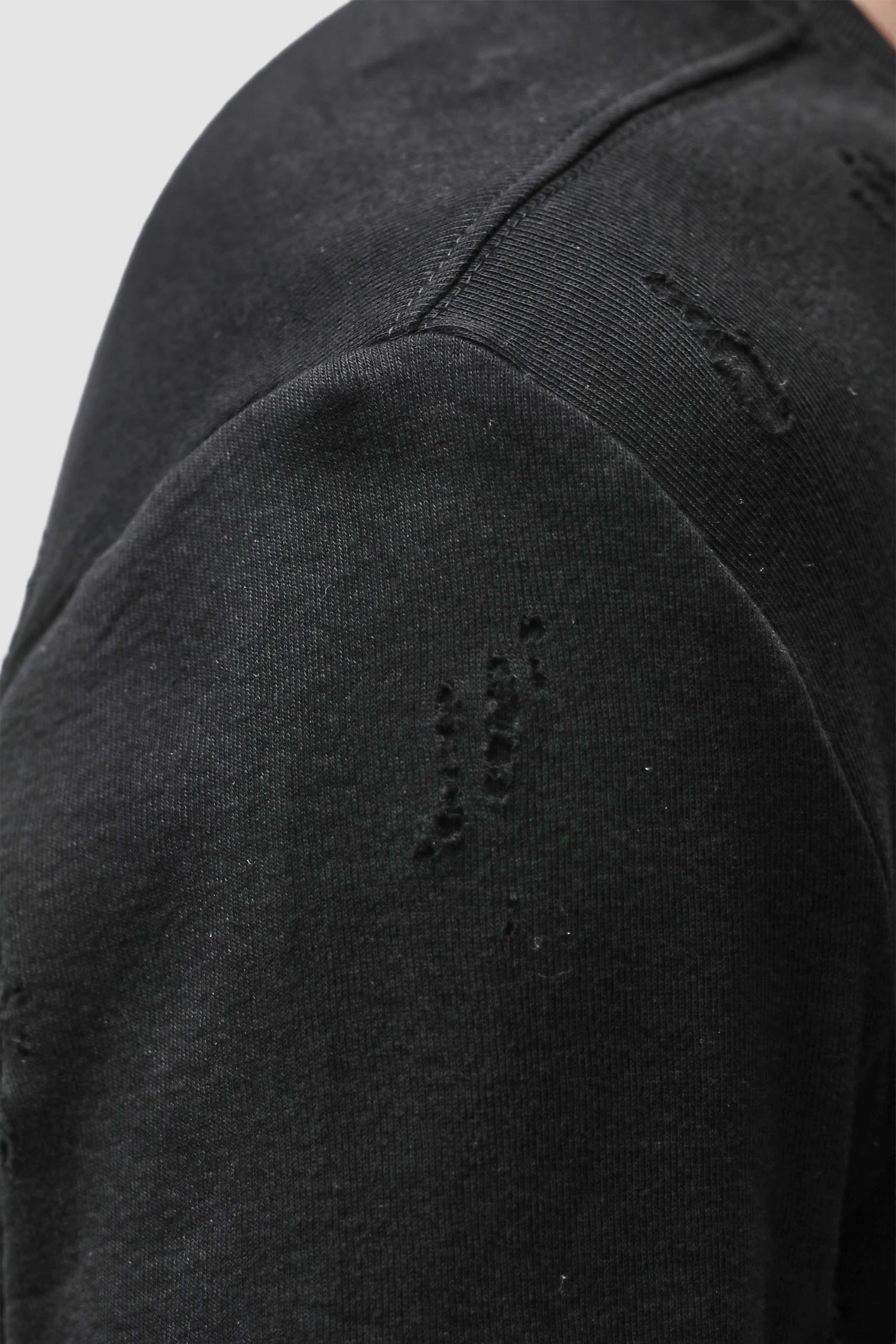 Thom Krom - Men’s Black Destroyed Double Layer Long Sleeve M-TS-969 shoulder detail view Thom Krom - Men’s Black Destroyed Double Layer Long Sleeve M-TS-969 shoulder detail view