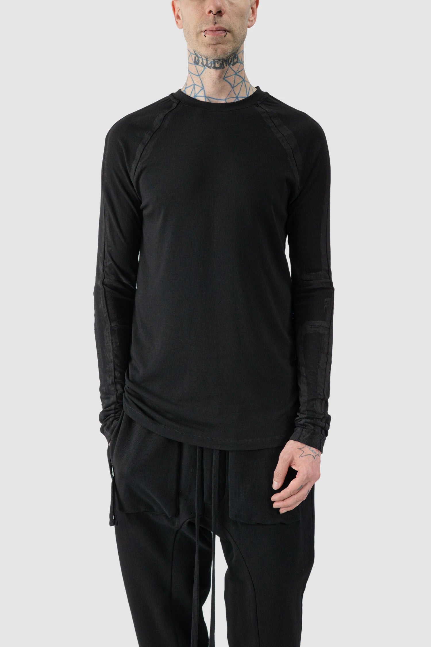 Thom Krom - model front relaxed view of Black Hand-Painted Long Sleeve Shirt