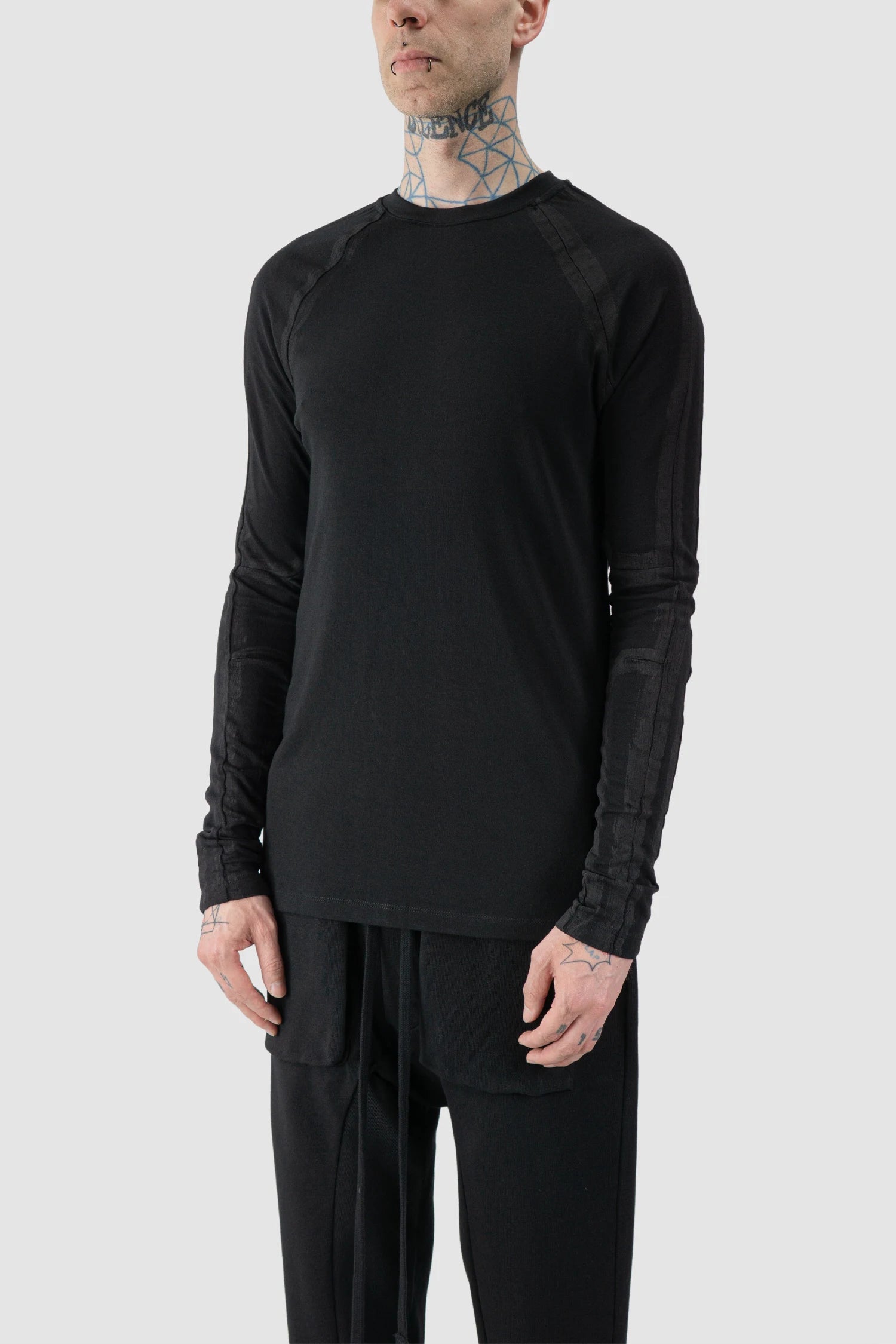 Thom Krom - model front side view of Black Hand-Painted Long Sleeve Shirt