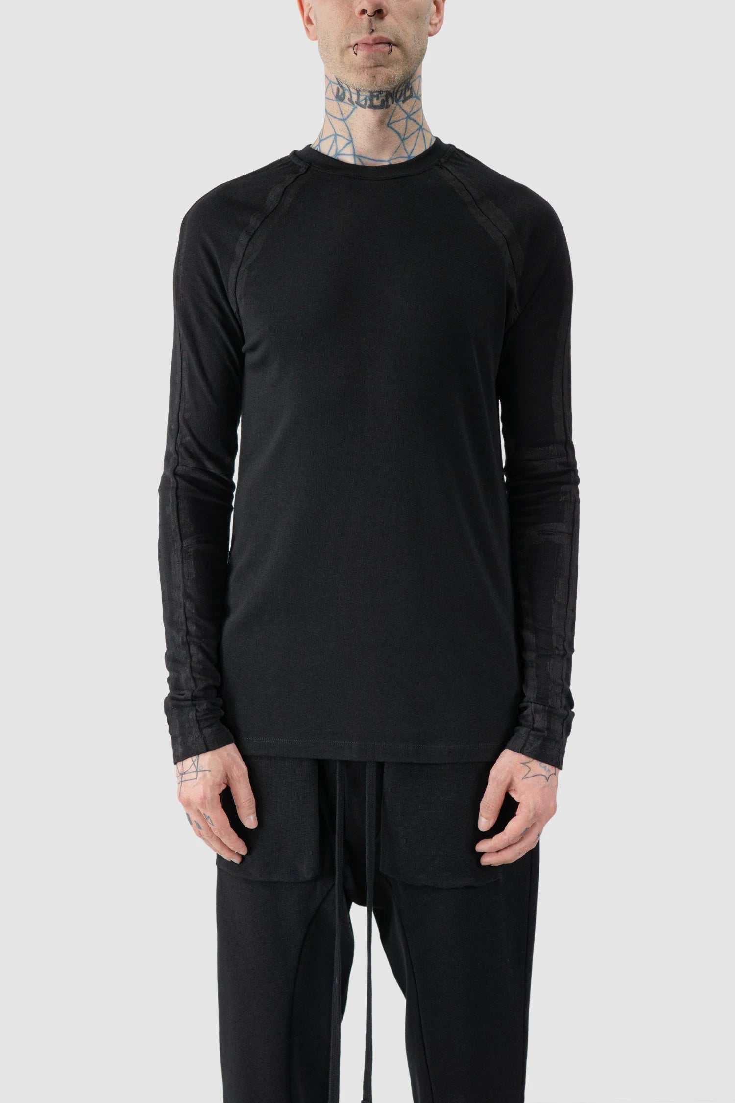 Thom Krom - model front view of Black Hand-Painted Long Sleeve Shirt
