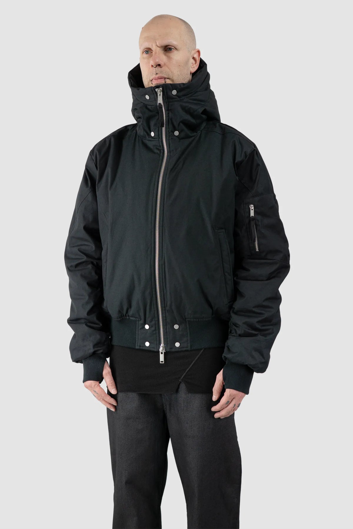 Thom/Krom - Men's Black Hooded Cotton Bomber Jacket - model front side view - MONO-KROM | Gallery Thom/Krom - Men's Black Hooded Cotton Bomber Jacket - model front side view - MONO-KROM | Gallery