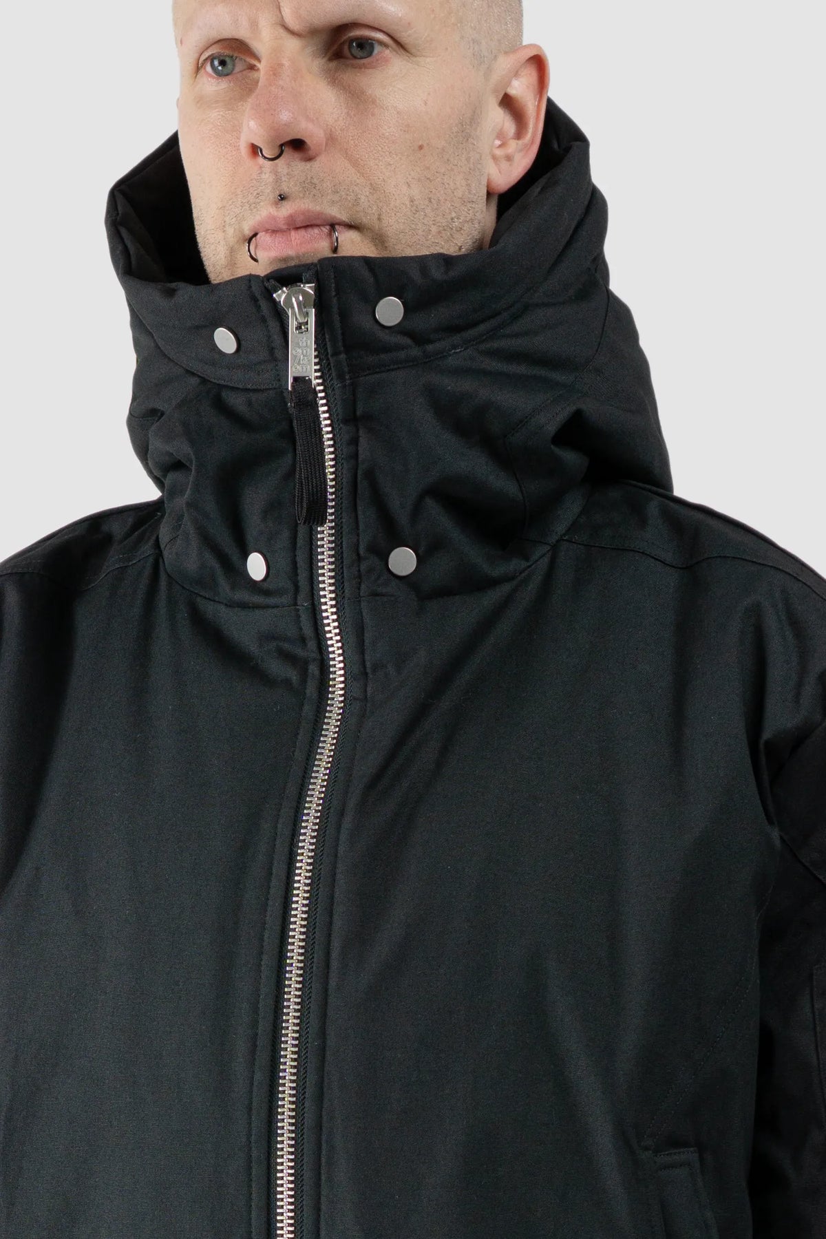 Thom/Krom - Men's Black Hooded Cotton Bomber Jacket - neck detail view Thom/Krom - Men's Black Hooded Cotton Bomber Jacket - neck detail view