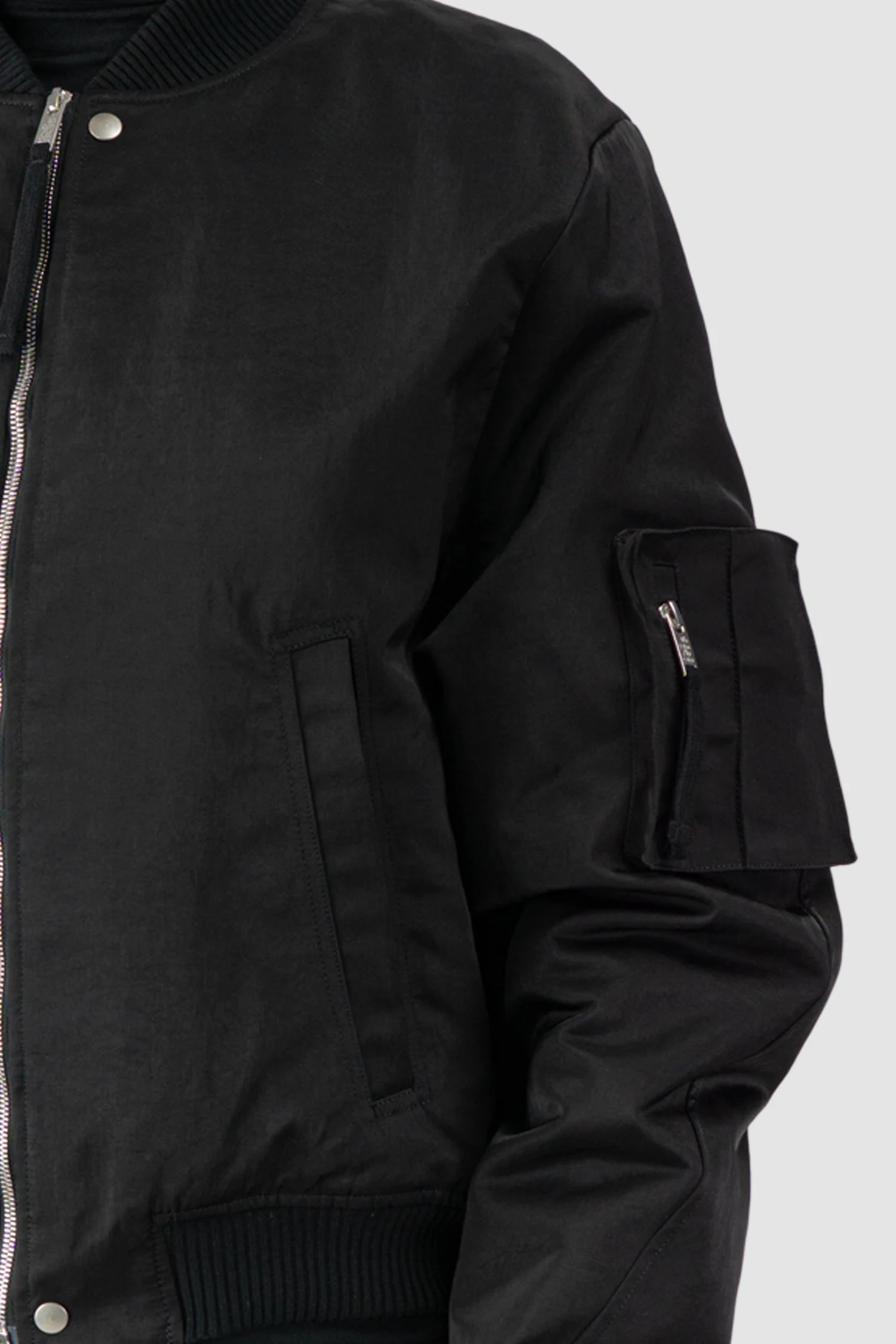 Thom Krom – Men's Black Recycled Tech Bomber Jacket - pocket detail view Thom Krom – Men's Black Recycled Tech Bomber Jacket - pocket detail view
