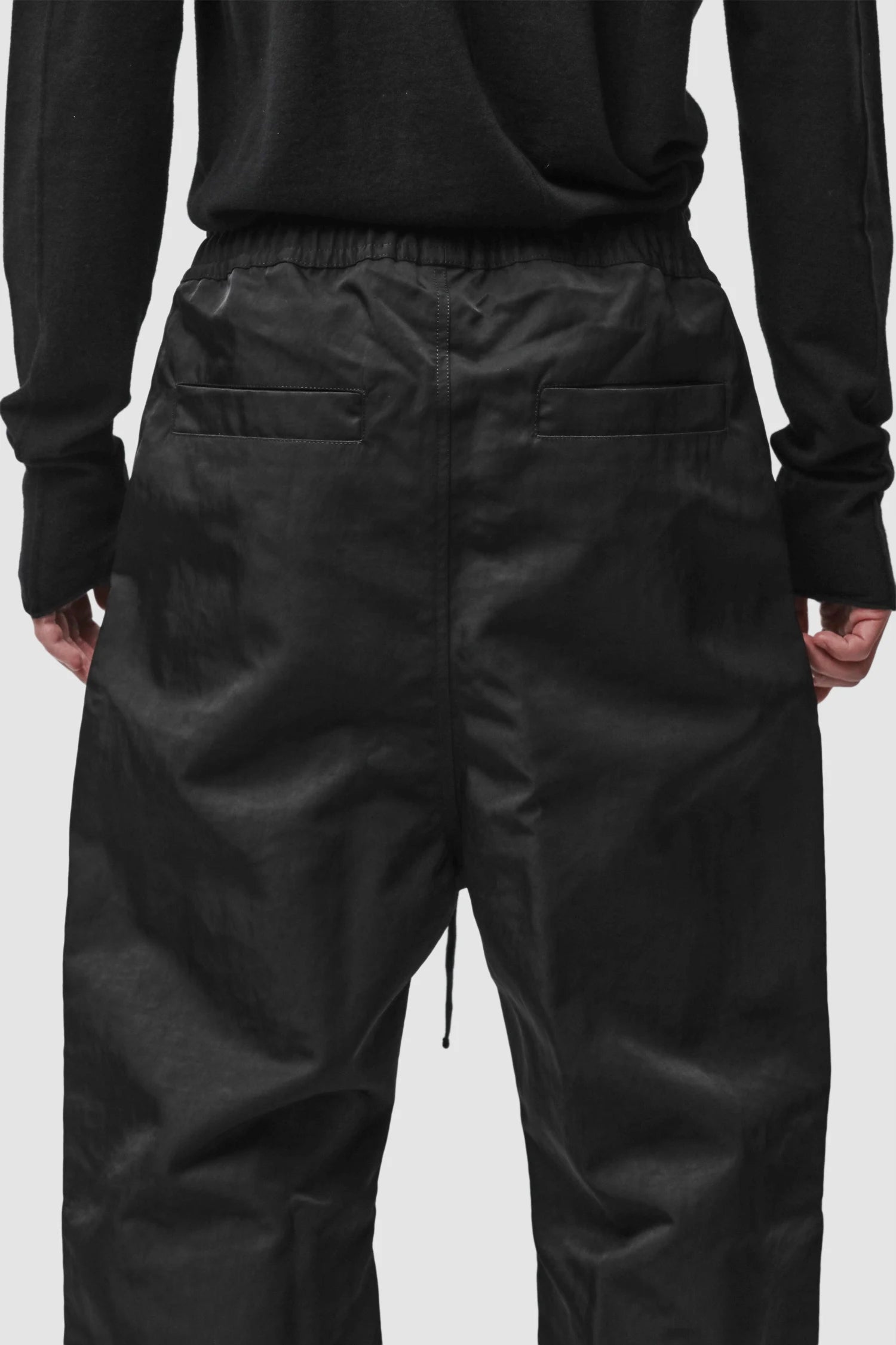 Thom Krom - Men’s Black Tech Woven Wide Leg Trousers M-P-63 back detail view Thom Krom - Men’s Black Tech Woven Wide Leg Trousers M-P-63 back detail view