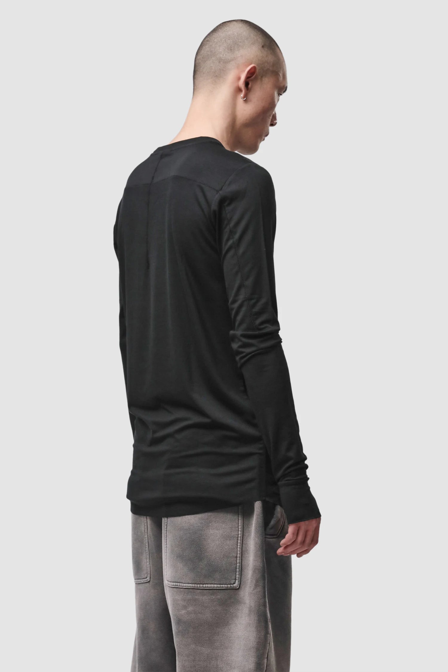 Thom Krom - Men’s Black Viscose Round Neck Long Sleeve M-TS-970 model back side view Thom Krom - Men’s Black Viscose Round Neck Long Sleeve M-TS-970 model back side view