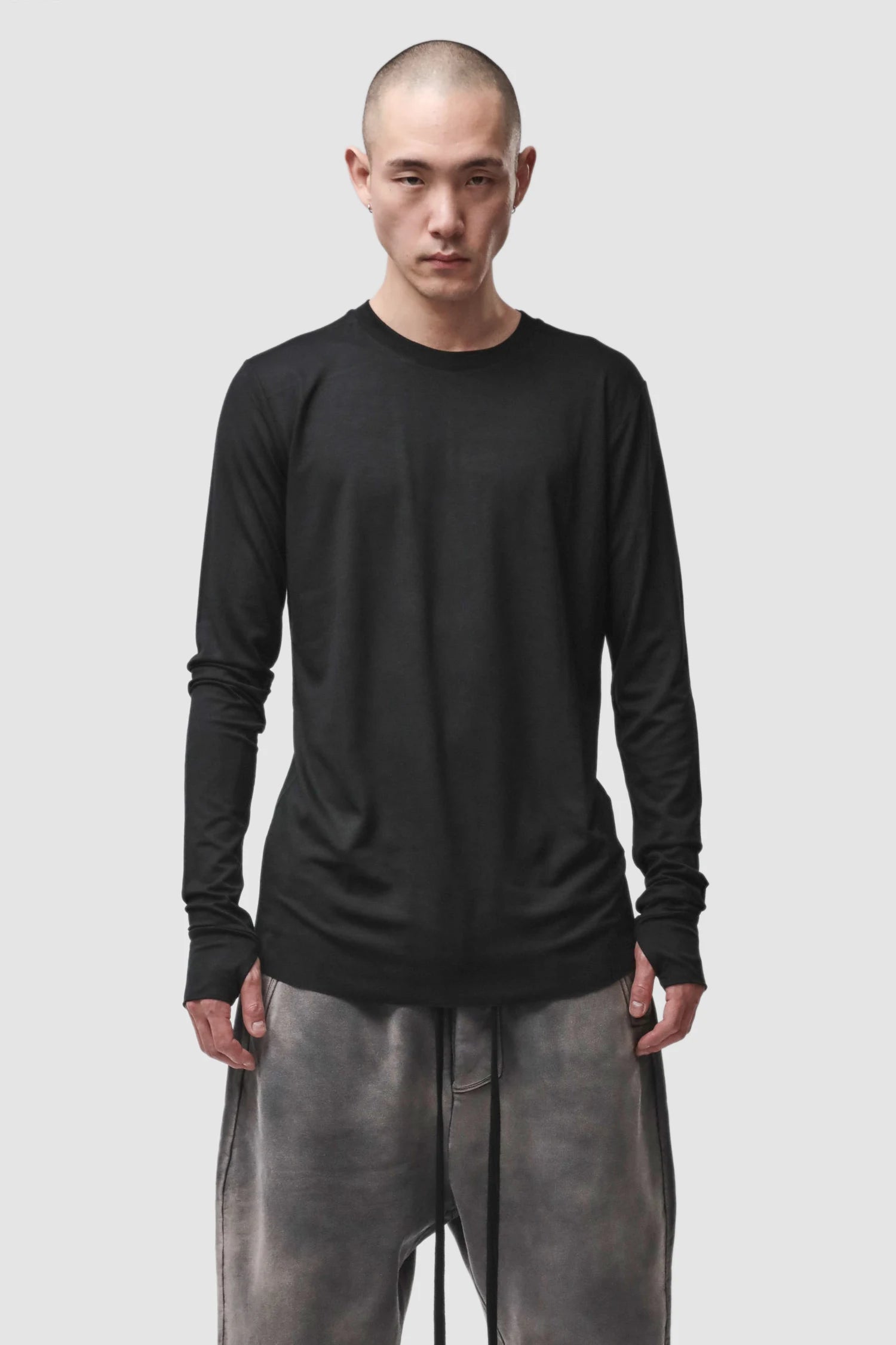 Thom Krom - Men’s Black Viscose Round Neck Long Sleeve M-TS-970 model front view Thom Krom - Men’s Black Viscose Round Neck Long Sleeve M-TS-970 model front view