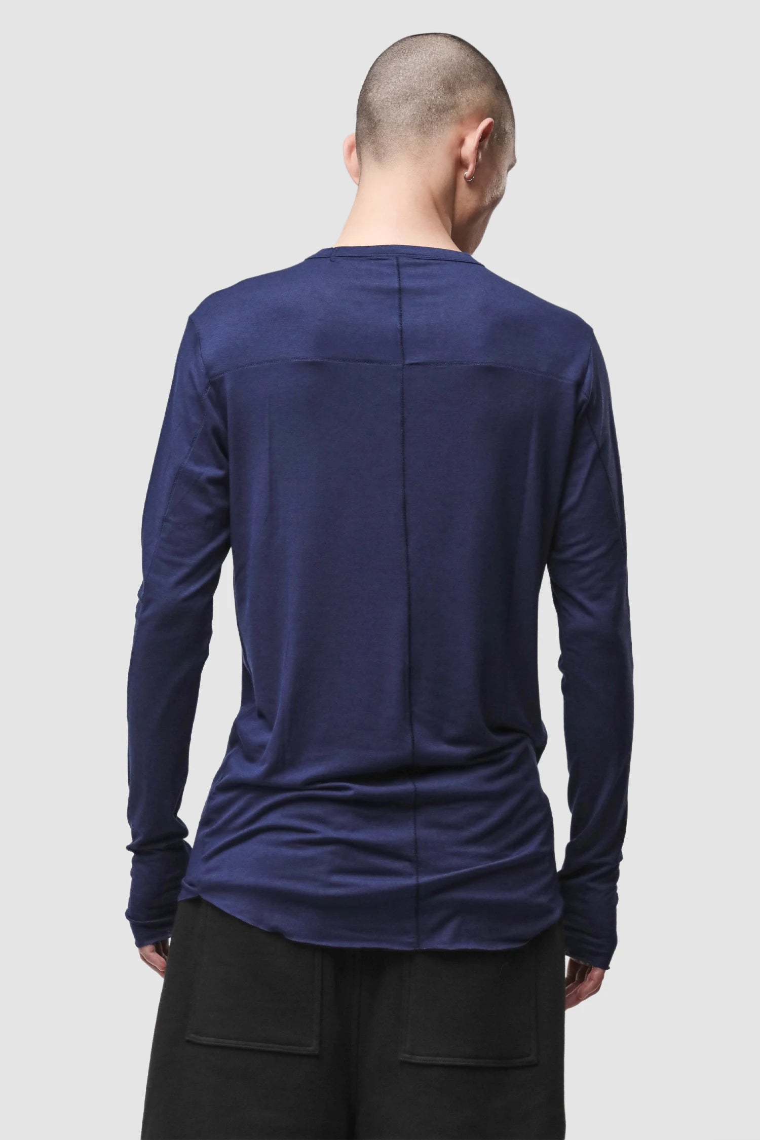 Thom Krom - Men’s Blue Modal Cashmere Long Sleeve M-TS-961 model back view Thom Krom - Men’s Blue Modal Cashmere Long Sleeve M-TS-961 model back view