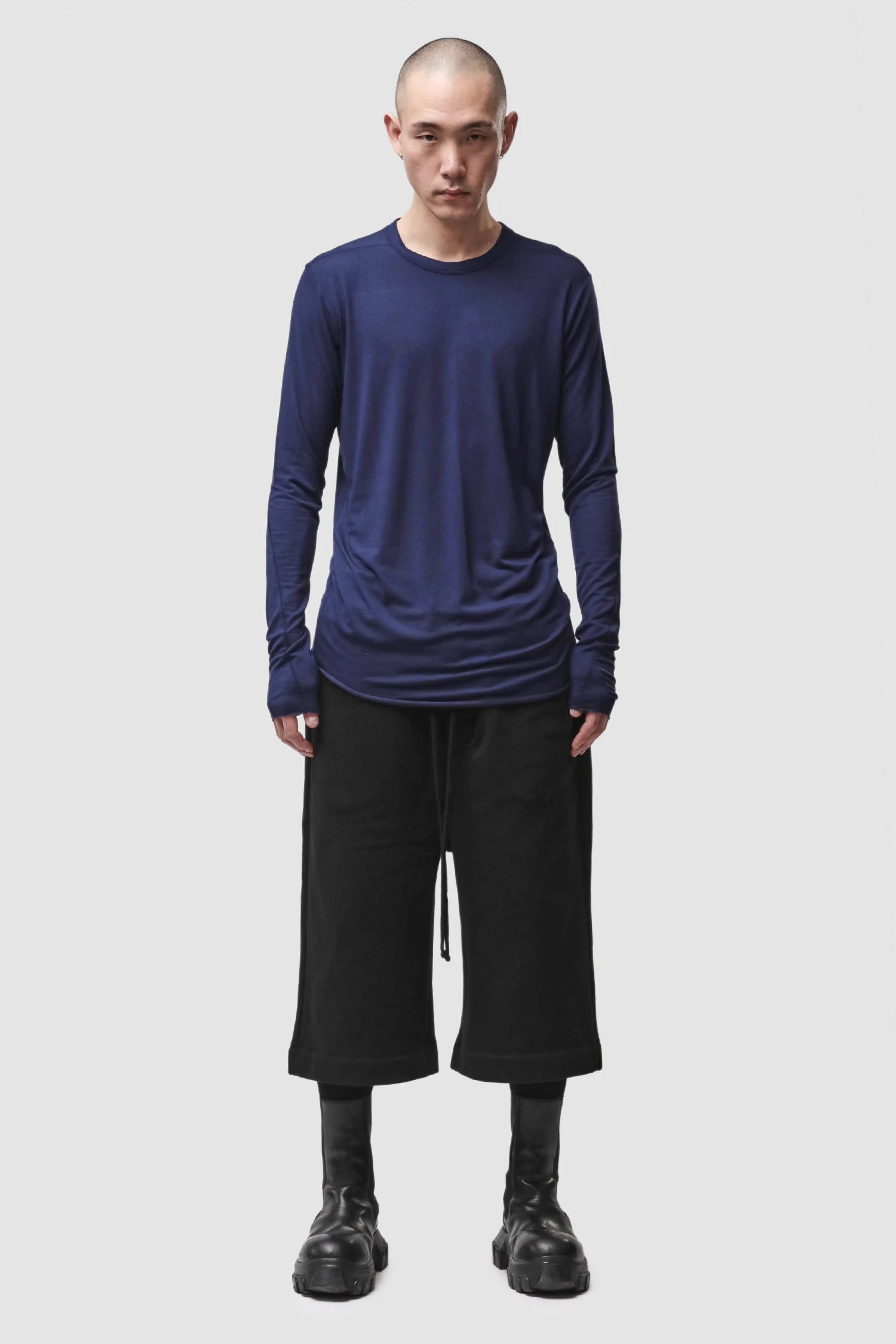 Thom Krom - Men’s Blue Modal Cashmere Long Sleeve M-TS-961 model full front view Thom Krom - Men’s Blue Modal Cashmere Long Sleeve M-TS-961 model full front view