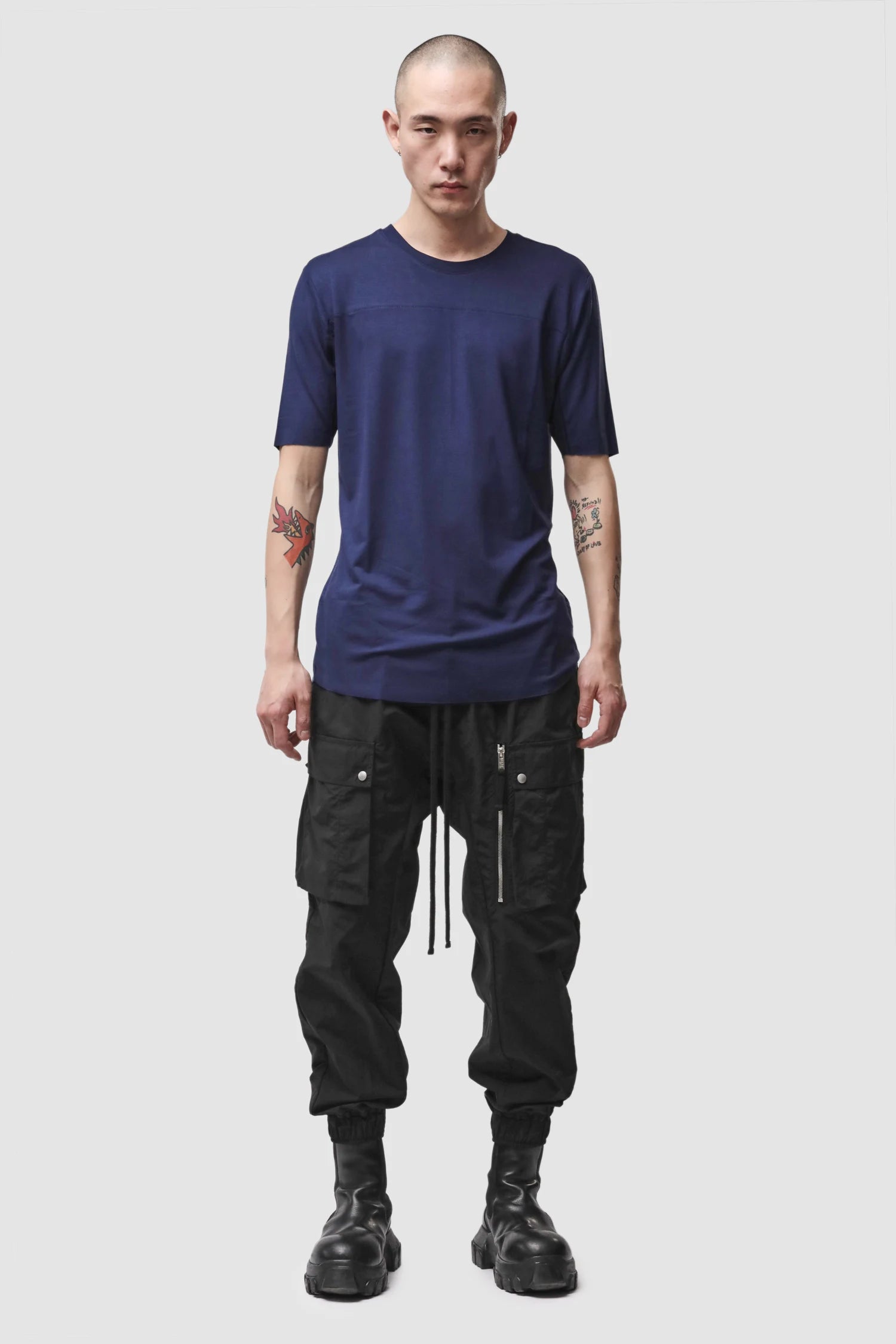 Thom Krom - Men’s Blue Viscose Scar Stitch T-Shirt M-TS-973 model full front view Thom Krom - Men’s Blue Viscose Scar Stitch T-Shirt M-TS-973 model full front view