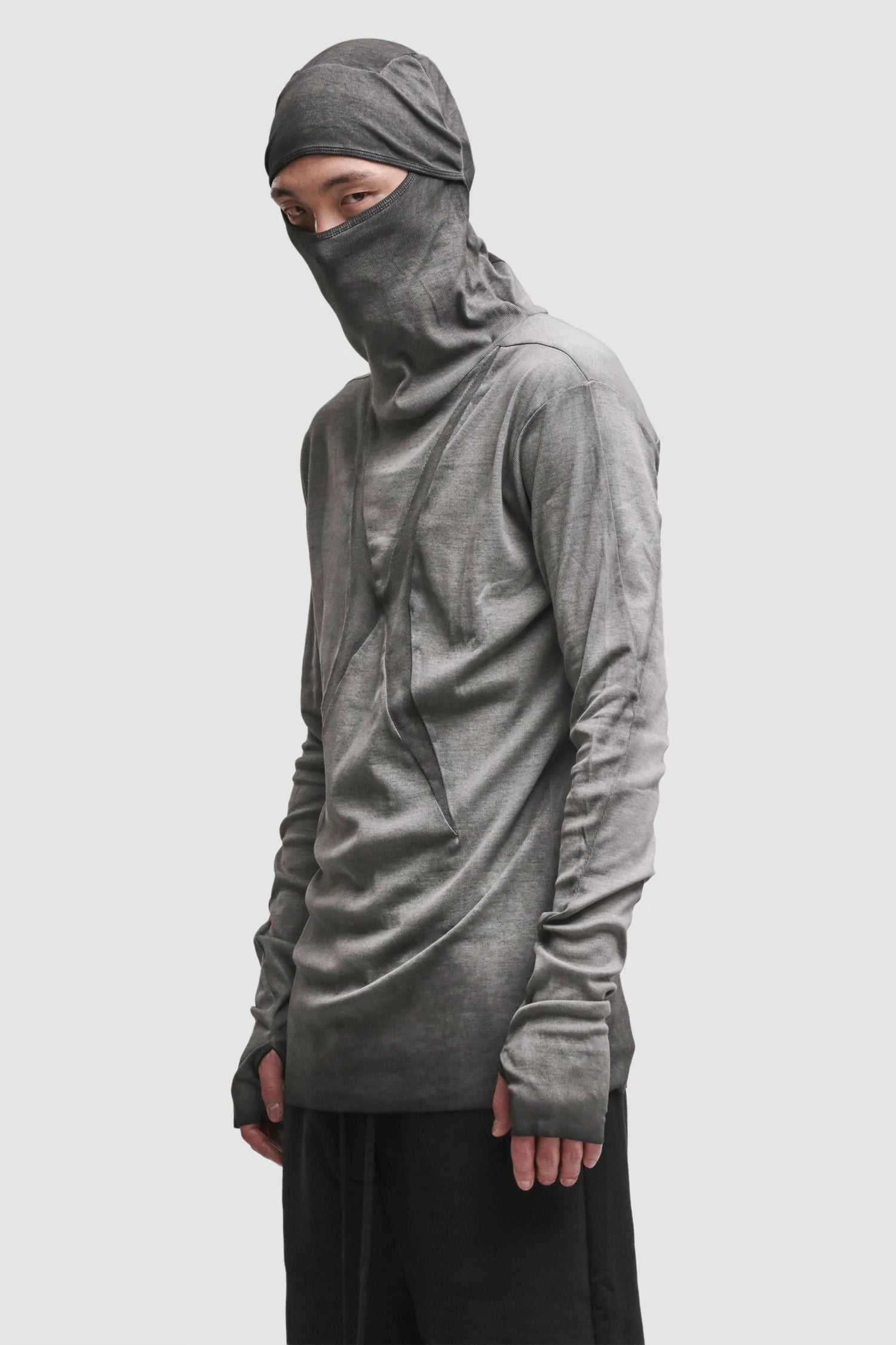 Thom Krom - Men’s Cold Dye Grey Cotton Balaclava Hooded Long Sleeve M-TS-985 model side hooded view Thom Krom - Men’s Cold Dye Grey Cotton Balaclava Hooded Long Sleeve M-TS-985 model side hooded view