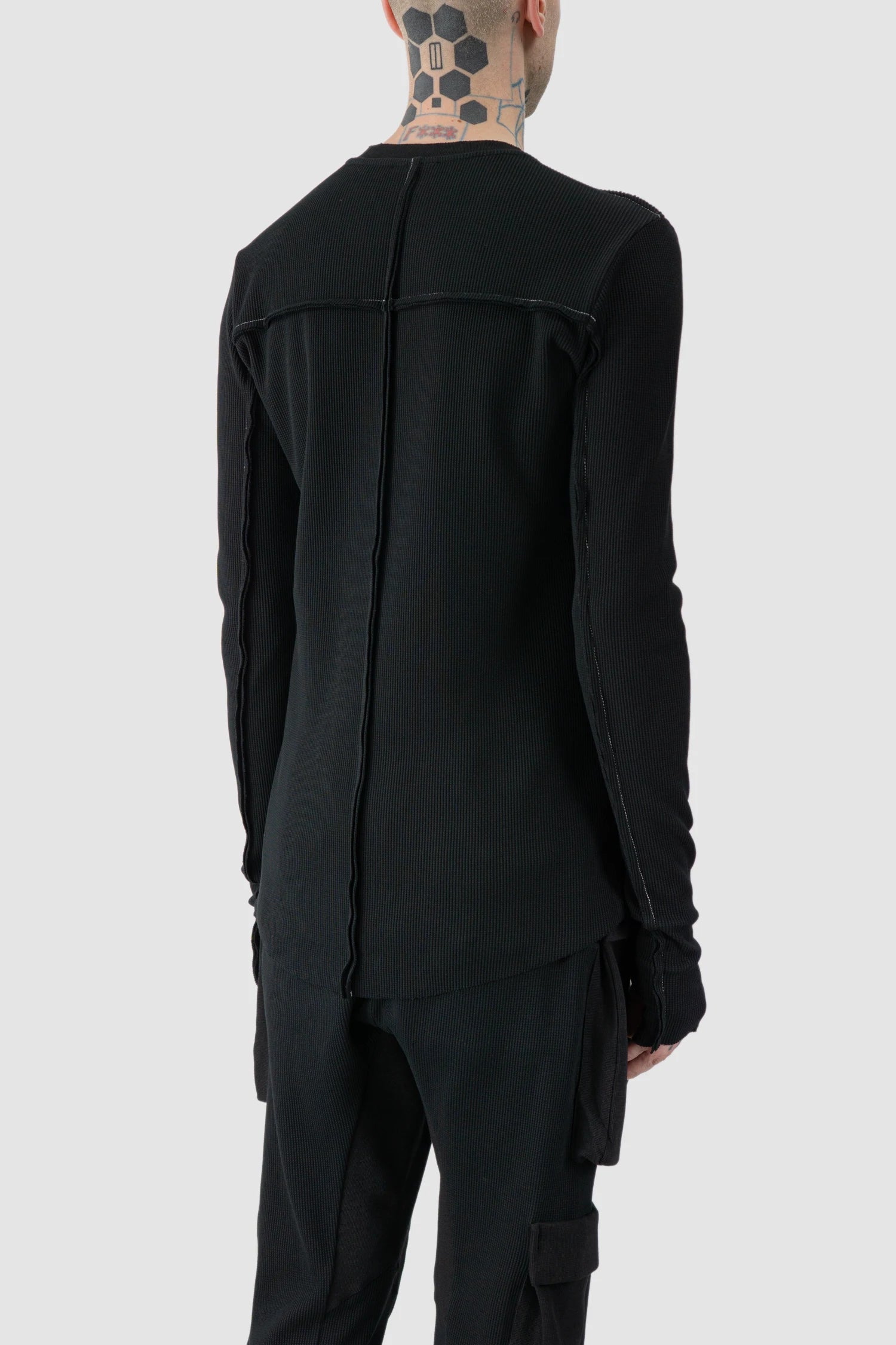 Thom Krom - model back side view of black Contrast Stitch Long Sleeve Cotton T-Shirt - M-TS-898