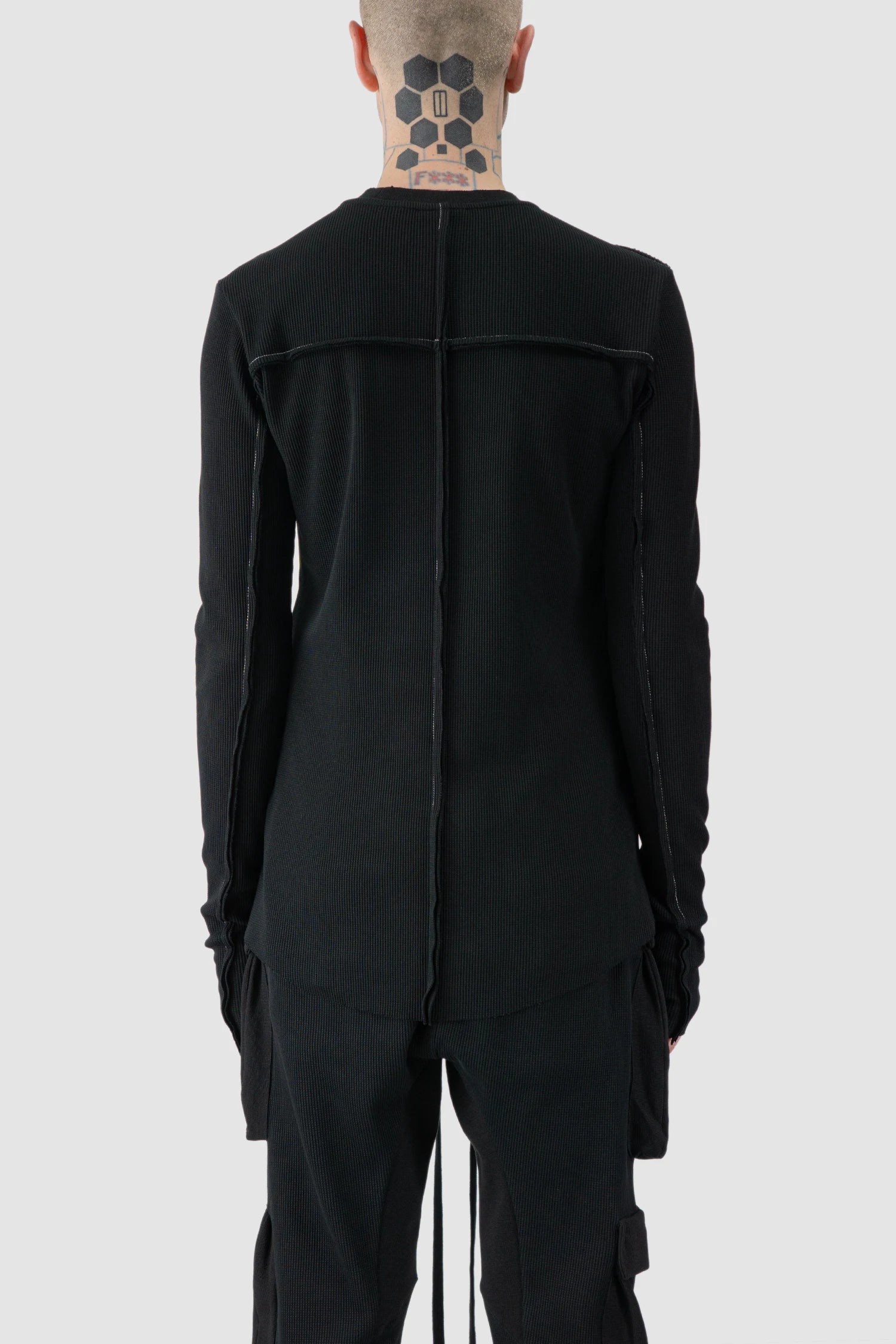 Thom Krom - model back view of black Contrast Stitch Long Sleeve Cotton T-Shirt - M-TS-898