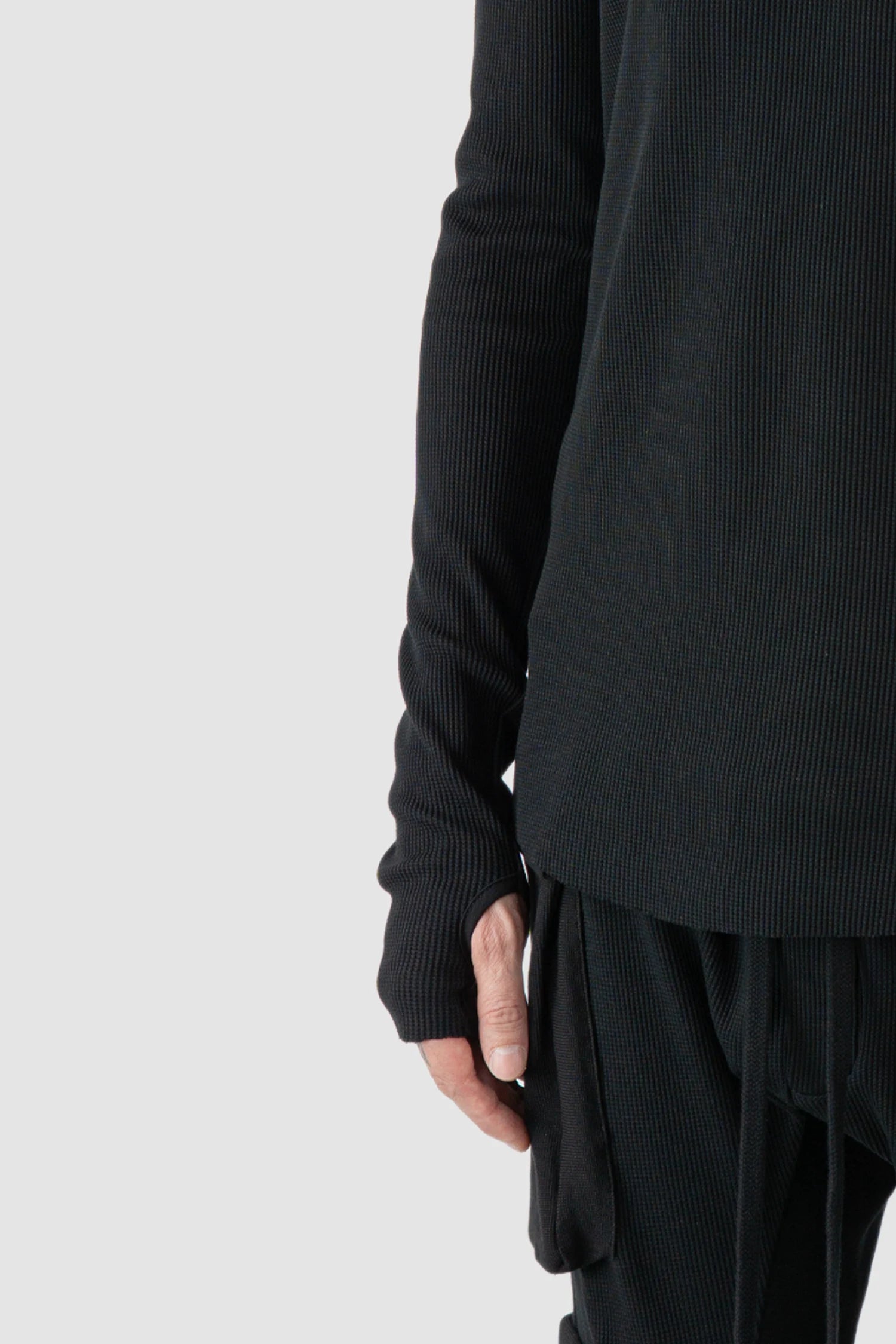 Thom Krom - model front detail view of black Contrast Stitch Long Sleeve Cotton T-Shirt - M-TS-898