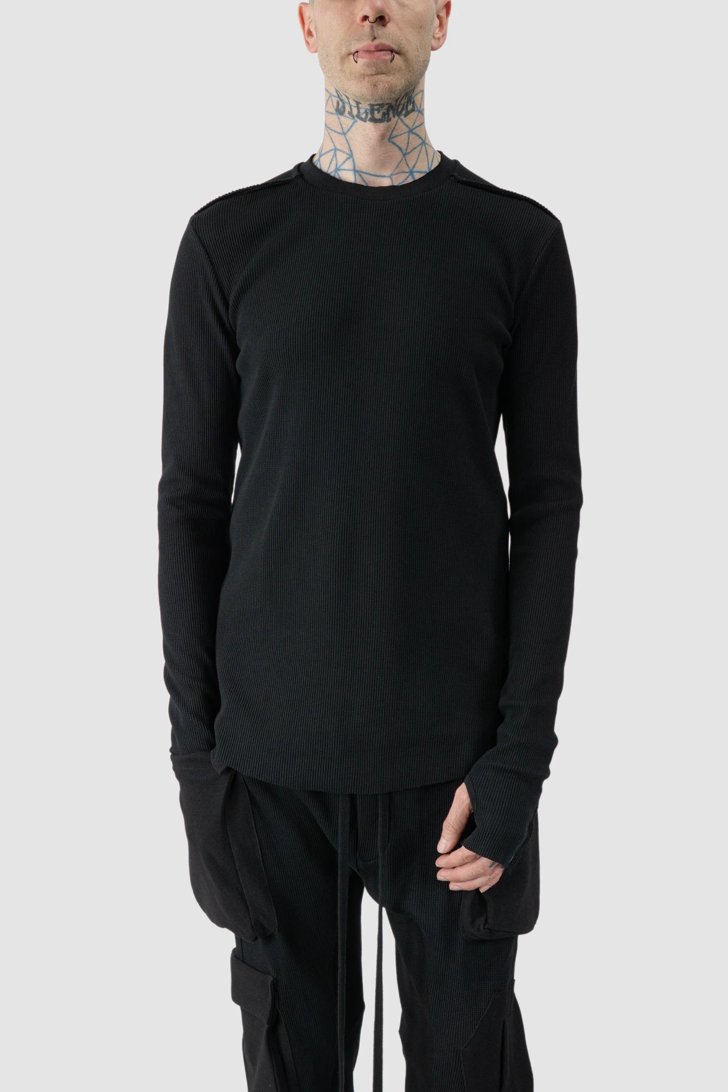 Thom Krom - model front relaxed view of black Contrast Stitch Long Sleeve Cotton T-Shirt - M-TS-898