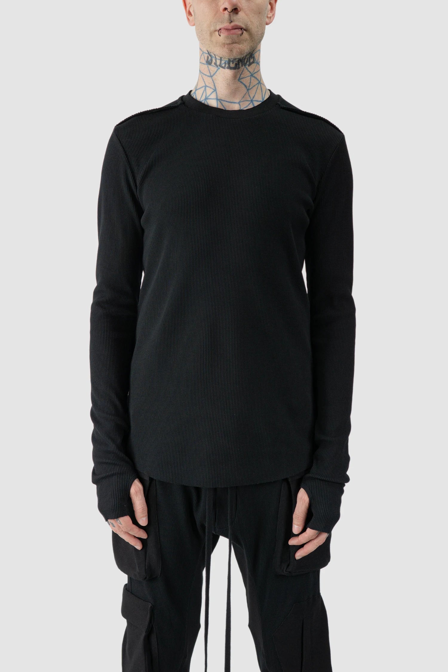 Thom Krom - model front view of black Contrast Stitch Long Sleeve Cotton T-Shirt - M-TS-898
