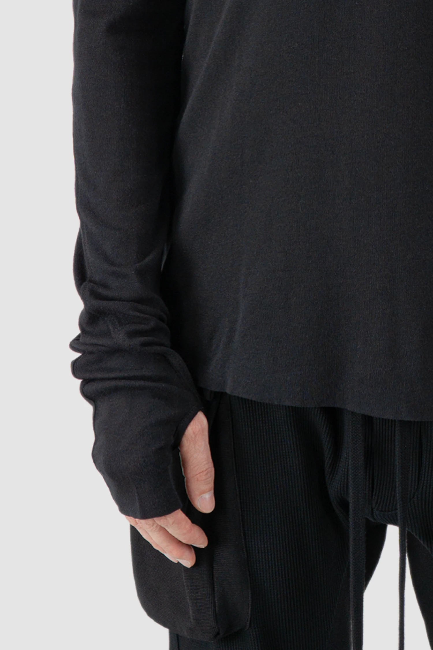 Thom Krom - front detail view of black Cotton Wool Long Sleeve T-Shirt - M-TS-904