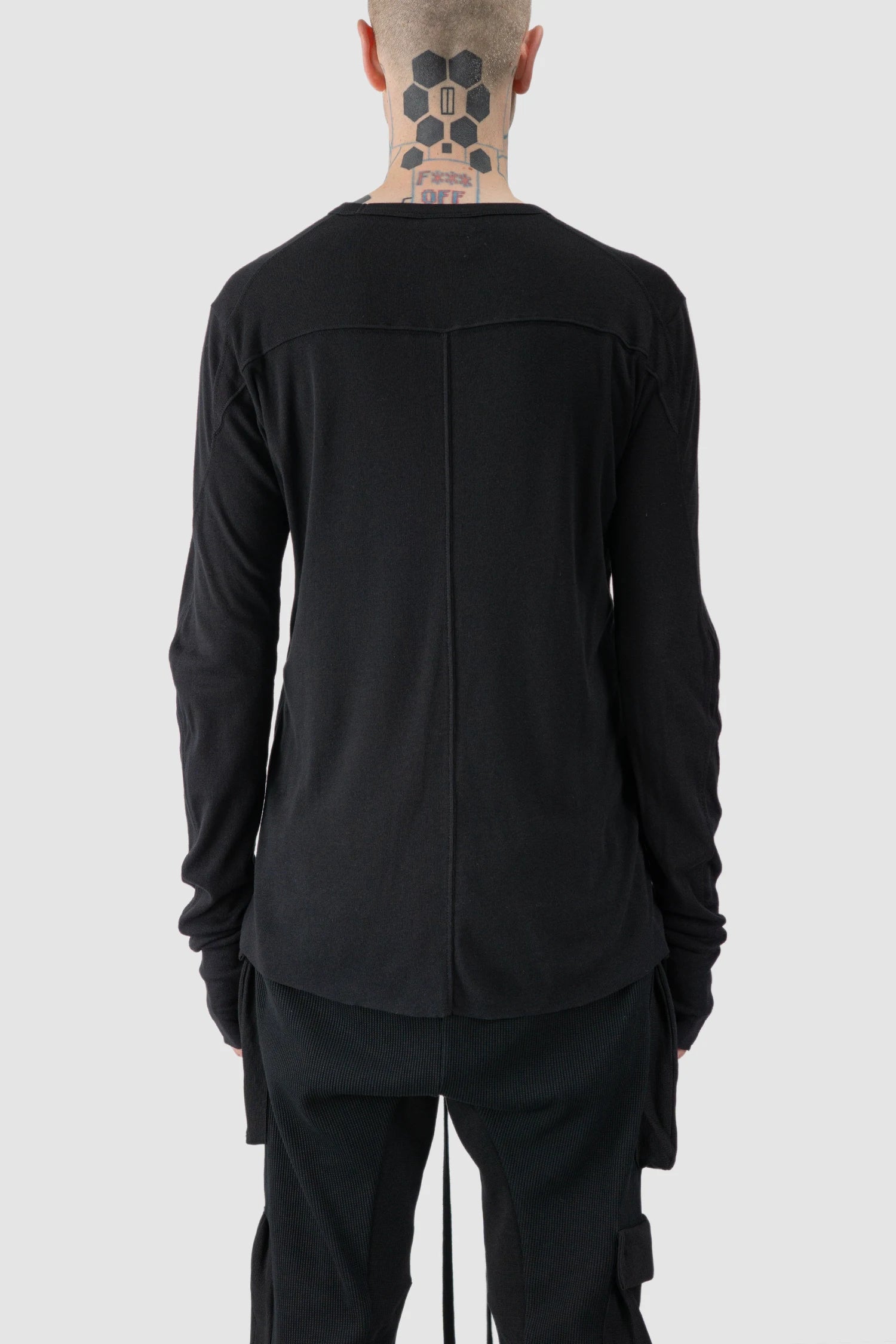 Thom Krom - back view of black Cotton Wool Long Sleeve T-Shirt - M-TS-904